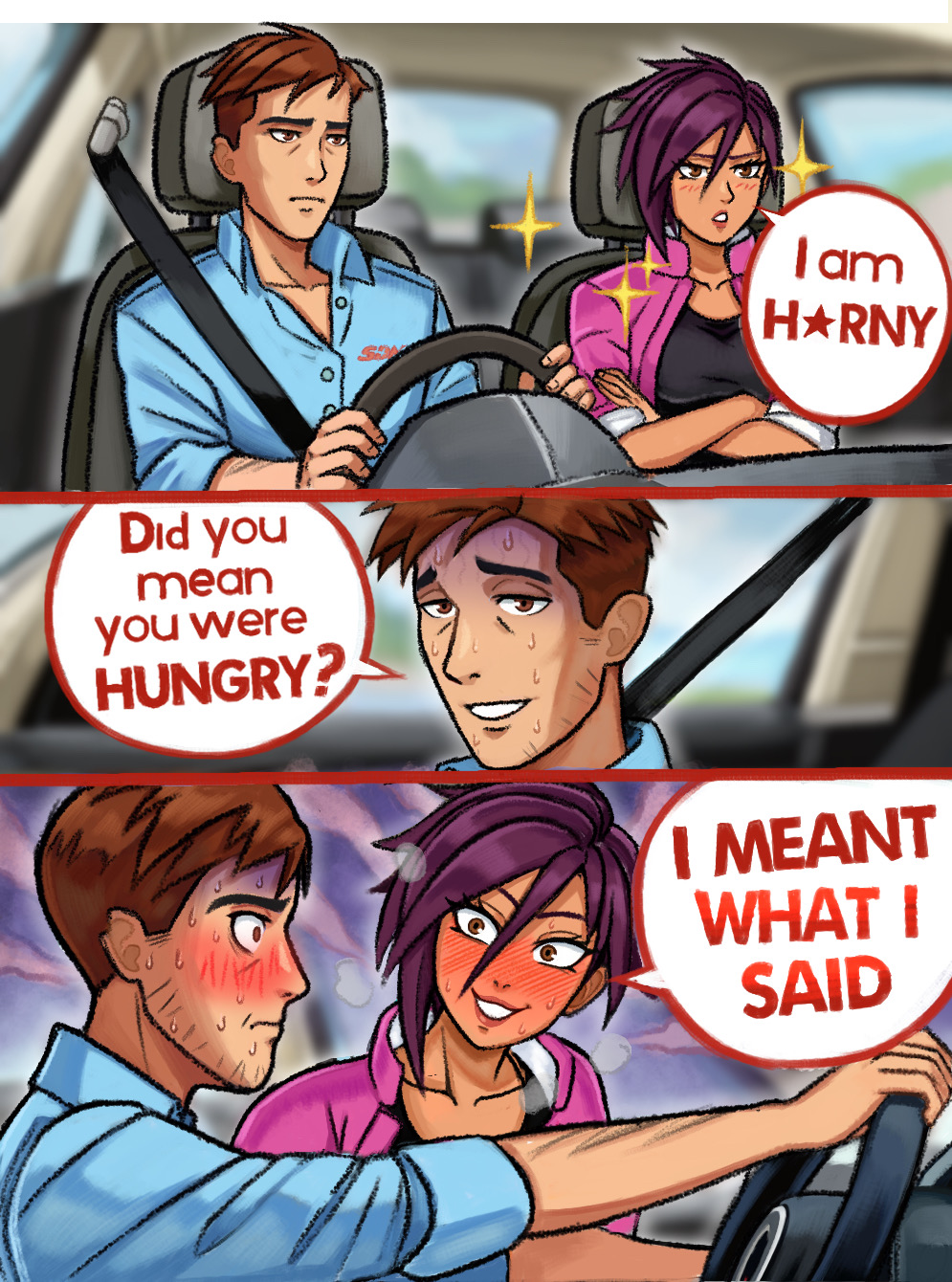 neggoartz, invisigal (dispatch), robert robertson, dispatch, commentary, english commentary, highres, 1boy, 1girl, aroused, black shirt, blue shirt, blurry, blurry background, blush, brown eyes, brown hair, car interior, collarbone, collared shirt, crossed arms, driving, english text, frown, hair between eyes, jacket, lips, long sleeves, looking at another, nervous, nervous sweating, parted lips, pink jacket, purple hair, shirt, sleeves rolled up, sparkle, speech bubble, sweat, wide-eyed