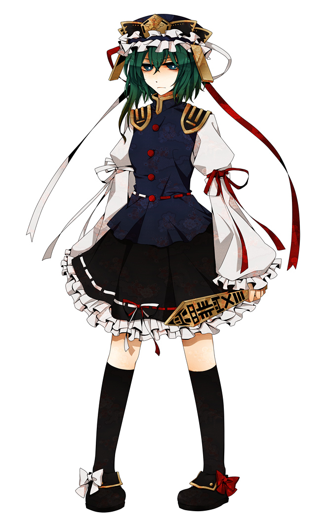 sezanu, shiki eiki, touhou, bad id, bad pixiv id, 1girl, blue eyes, female focus, full body, green hair, hat, kneehighs, ribbon, rod of remorse, short hair, simple background, socks, solo, white background