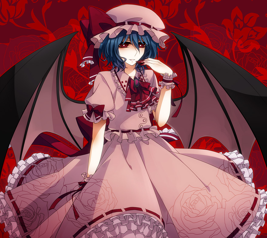 sezanu, remilia scarlet, touhou, bad id, bad pixiv id, 1girl, bat wings, blood, blue hair, female focus, hat, red eyes, short hair, solo, wings, wrist cuffs