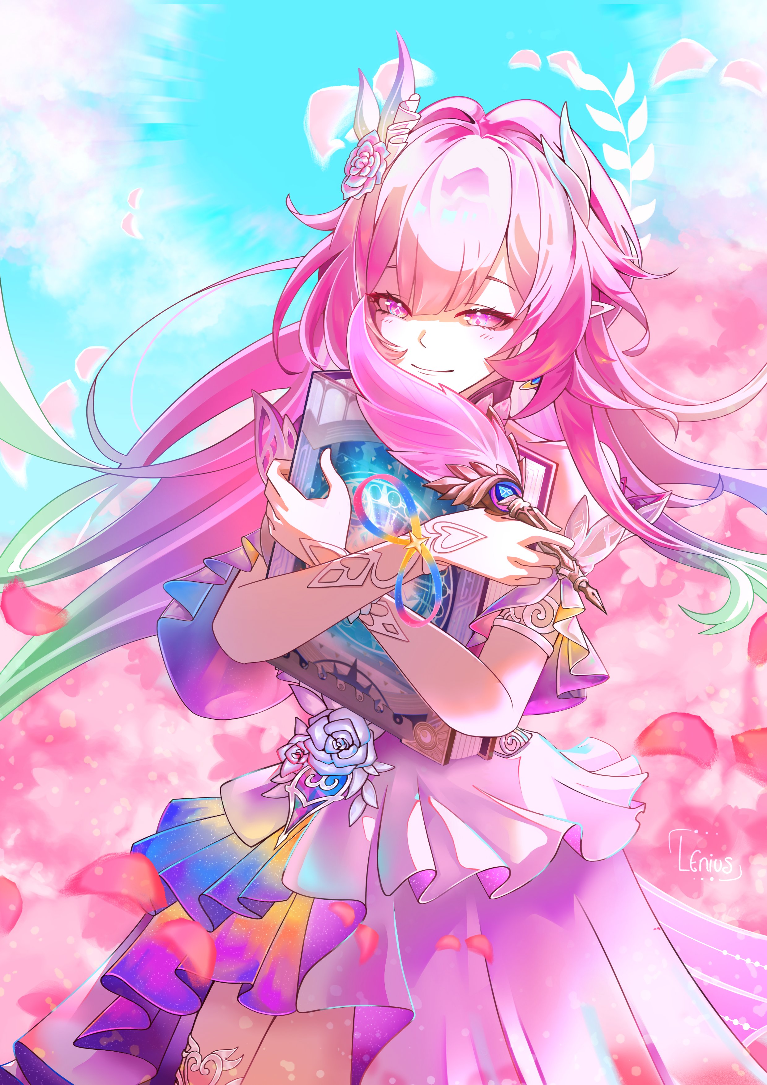 cyrene (aedes elysiae) (honkai: star rail), cyrene (honkai: star rail), honkai: star rail, honkai (series), absurdres, commentary, english commentary, highres, 1girl, artist name, blue sky, book, cherry blossoms, diamond-shaped pupils, diamond (shape), dress, flower, gradient hair, green hair, hair flower, hair ornament, holding, holding book, holding quill, long hair, multicolored hair, pink hair, purple eyes, quill, shoe wy, sky, smile, solo, symbol-shaped pupils, two-tone hair, very long hair, white dress