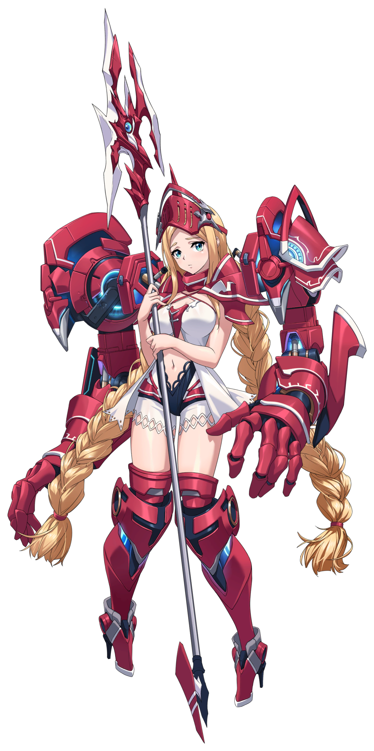 langrisser, langrisser mobile, langrisser re:incarnation, absurdres, game cg, highres, official art, second-party source, variant set, 1girl, armor, armored boots, blonde hair, blue eyes, boots, braid, braided ponytail, breasts, cleavage, closed mouth, clothing cutout, criss-cross halter, full body, halterneck, helmet, high heel boots, high heels, holding, holding polearm, holding weapon, light frown, lingerie, long hair, looking at viewer, low-tied long hair, low twin braids, mechanical arms, medium breasts, michelle (langrisser), navel, navel cutout, negligee, nervous, parted bangs, pauldrons, pigeon-toed, polearm, red armor, shoulder armor, shy, sidelocks, simple background, solo, spear, standing, tachi-e, thigh boots, thighs, transparent background, twin braids, underwear, very long hair, visor (armor), weapon, white negligee, worried
