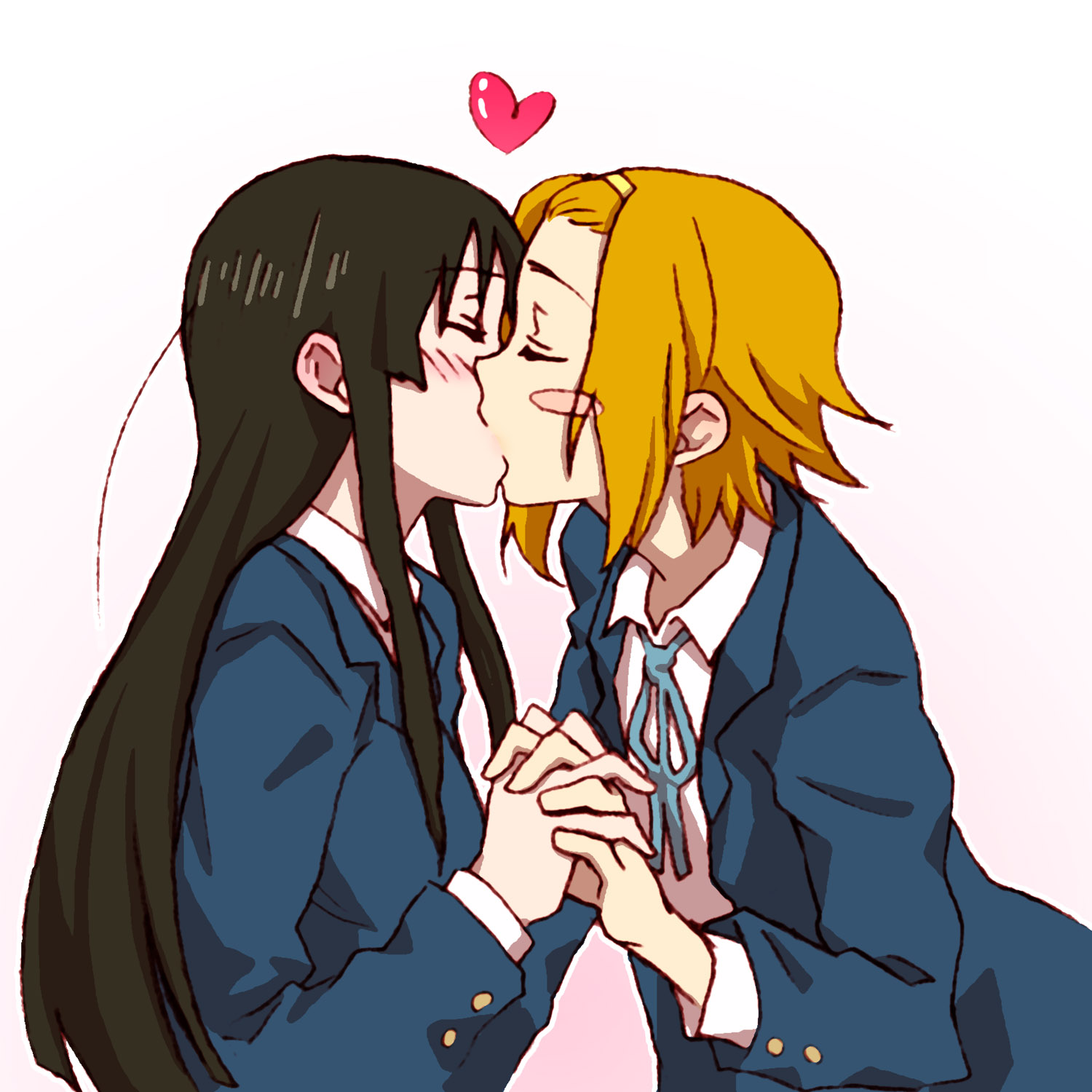 umesge, akiyama mio, tainaka ritsu, k-on!, bad id, bad pixiv id, highres, 00s, 2girls, black hair, blazer, blush, blush stickers, closed eyes, couple, hairband, heart, holding hands, jacket, kiss, multiple girls, profile, school uniform, short hair, upper body, yuri