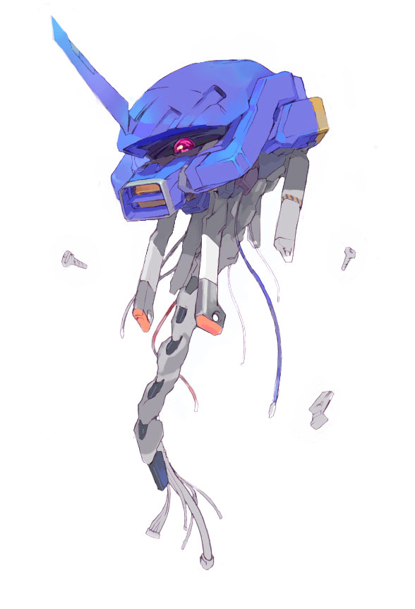 phase shift, gouf, gundam, mobile suit gundam, archived source, bad link, commentary request, blue horns, bolt (hardware), cable, damaged, headless, horns, mechabare, one-eyed, red eyes, simple background, single horn, single mechanical horn, white background