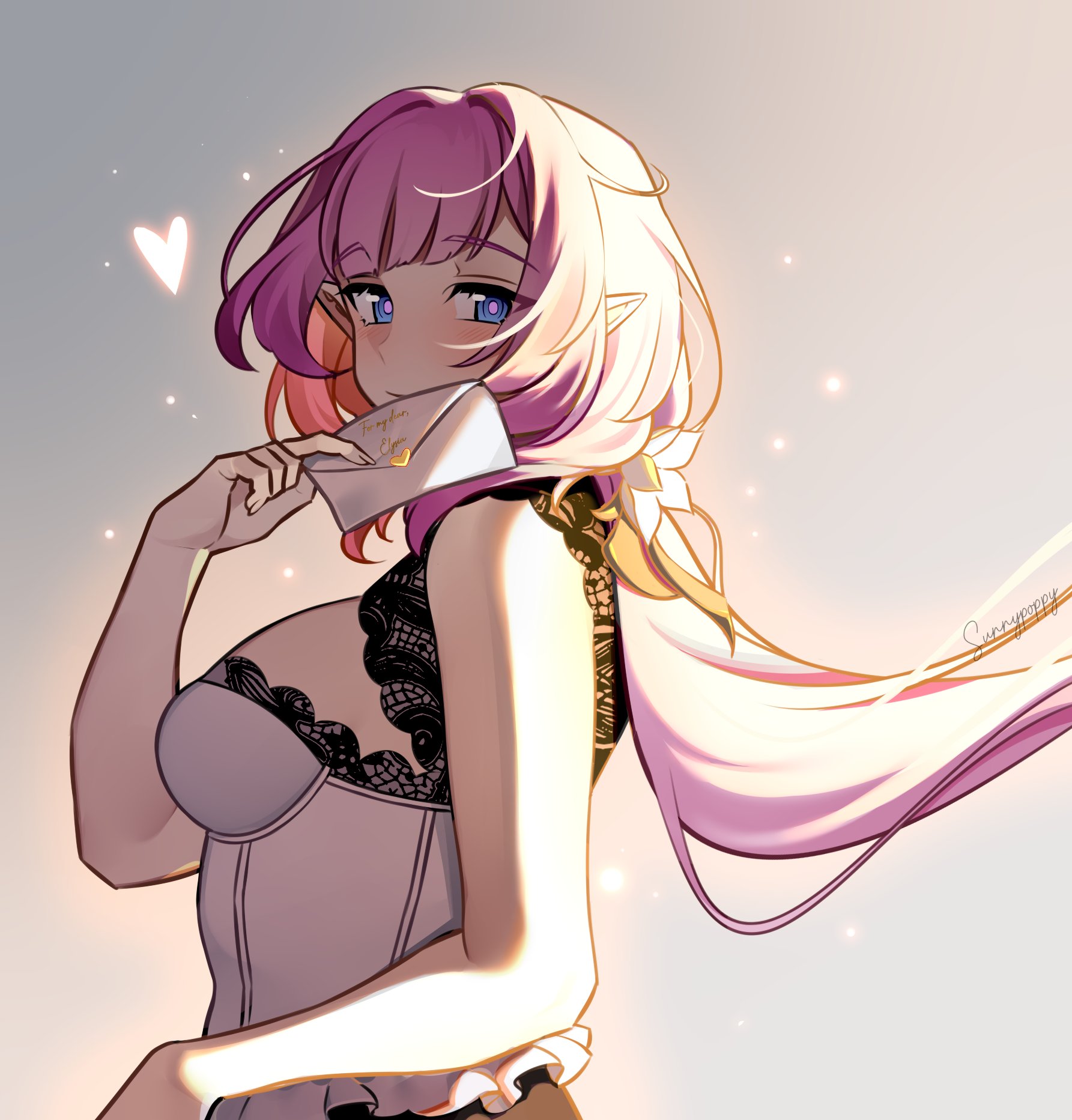 sunnypoppy, elysia (honkai impact), honkai (series), honkai impact 3rd, commentary, english commentary, highres, 1girl, artist name, blue eyes, breasts, elf, from side, grey sky, heart, holding, holding letter, large breasts, letter, long hair, looking at viewer, pink hair, pointy ears, shirt, sky, smile, solo, very long hair, white shirt