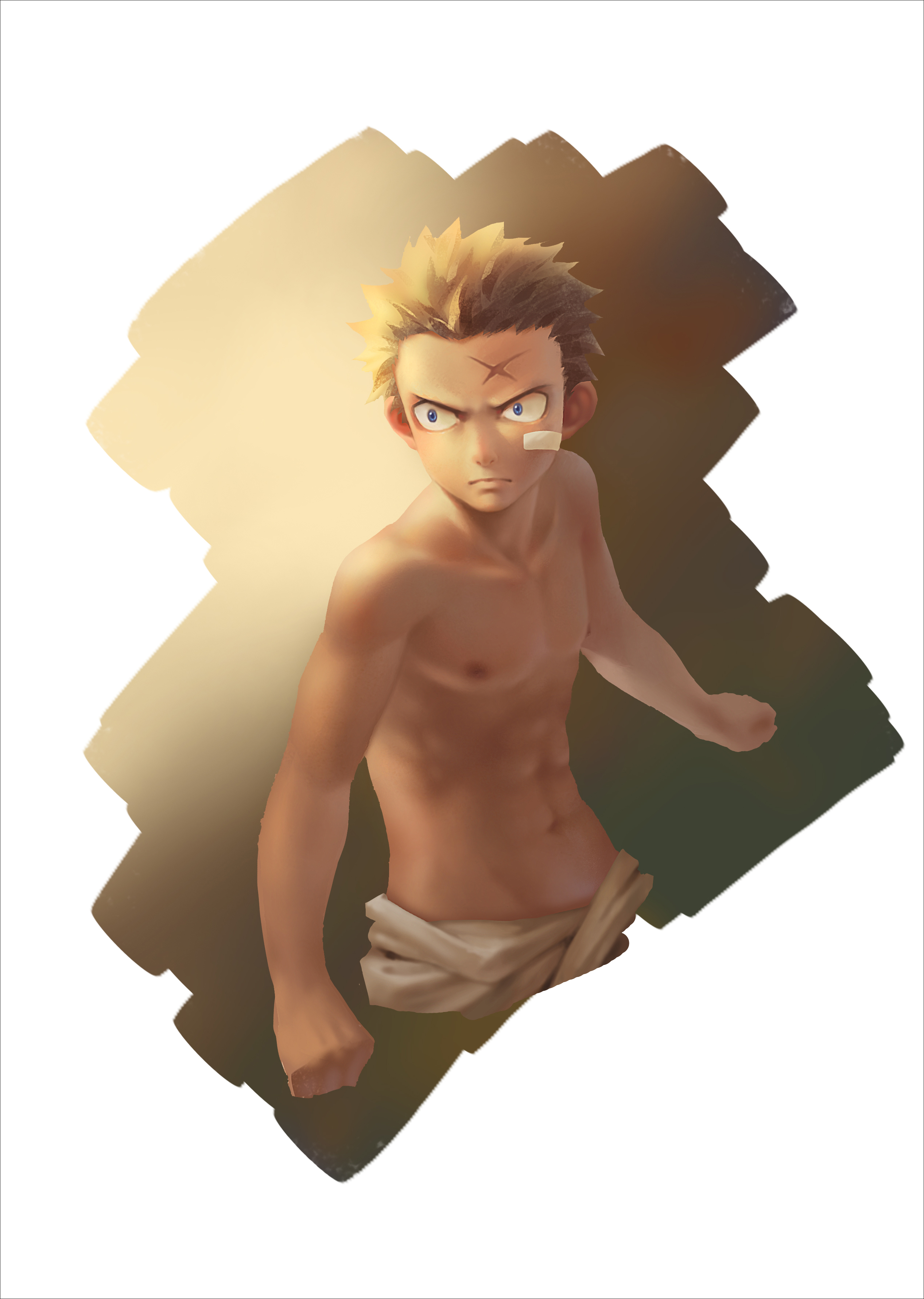 ryou hiryuu, original, 1boy, abs, bandage on face, bandages, blue eyes, brown hair, male focus, nipples, scar, scar on face, short hair, solo, topless male