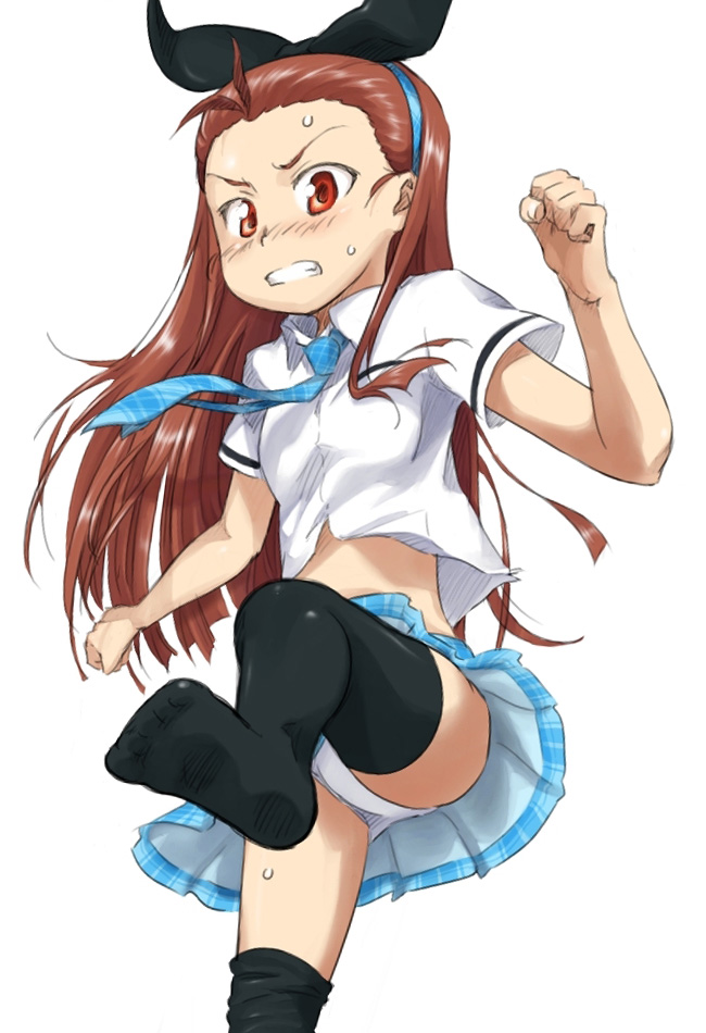 ttomm, minase iori, idolmaster, idolmaster (classic), 00s, 1girl, angry, black socks, black thighhighs, bow, brown hair, feet, female focus, hair bow, hairband, kneehighs, loli, long hair, necktie, no shoes, panties, pantyshot, red eyes, rough time school, school uniform, simple background, socks, solo, thighhighs, toes, underwear, upskirt, white background, white panties