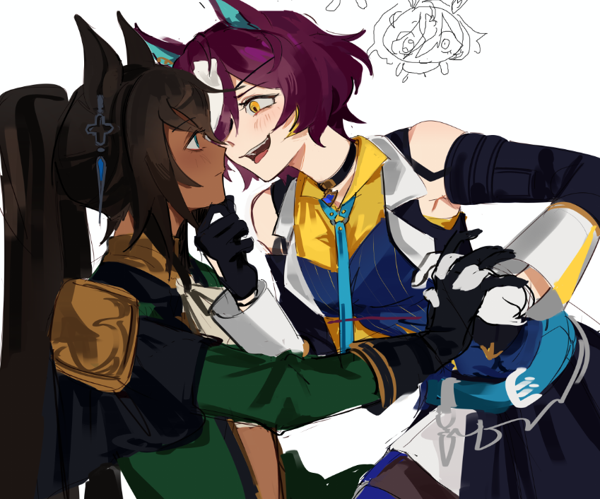 sijia (jd5vlp), symboli kris s (onyx soldier) (umamusume), symboli kris s (umamusume), tanino gimlet (embodiment of keravnos) (umamusume), tanino gimlet (umamusume), umamusume, 2girls, animal ears, ascot, asymmetrical gloves, bare shoulders, belt, belt buckle, belt collar, black belt, black gloves, black jacket, black skirt, black sleeves, blue belt, blue eyes, blue necktie, blue vest, blush, brown hair, brown shirt, buckle, closed mouth, clothing cutout, collar, collared jacket, collared shirt, colored lapels, cowboy shot, dark-skinned female, dark skin, detached sleeves, ear ornament, epaulettes, expressionless, eye contact, eyelashes, eyepatch, gloves, gold buttons, grabbing another's chin, green jacket, hair over one eye, hand on another's chin, happy, holding hands, horse ears, horse girl, interlocked fingers, interracial, jacket, lapels, leaning forward, light blush, long hair, long sleeves, looking at another, loose hair strand, mismatched gloves, multicolored hair, multiple girls, necktie, notched lapels, open clothes, open jacket, open mouth, pinstripe pattern, pinstripe vest, pointy nose, ponytail, purple hair, shirt, short hair, shoulder cutout, simple background, skirt, sleeve cuffs, sleeveless, sleeveless jacket, smile, streaked hair, teeth, upper teeth only, very long hair, vest, white ascot, white background, white gloves, yellow eyes, yellow shirt, yuri