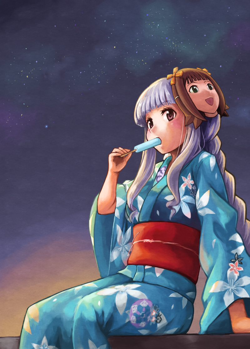 yakusa, amami haruka, shijou takane, idolmaster, idolmaster (classic), 00s, 1girl, blue kimono, character mask, female focus, floral print, food, japanese clothes, kimono, mask, night, night sky, outdoors, popsicle, print kimono, sitting, sky, solo, yukata