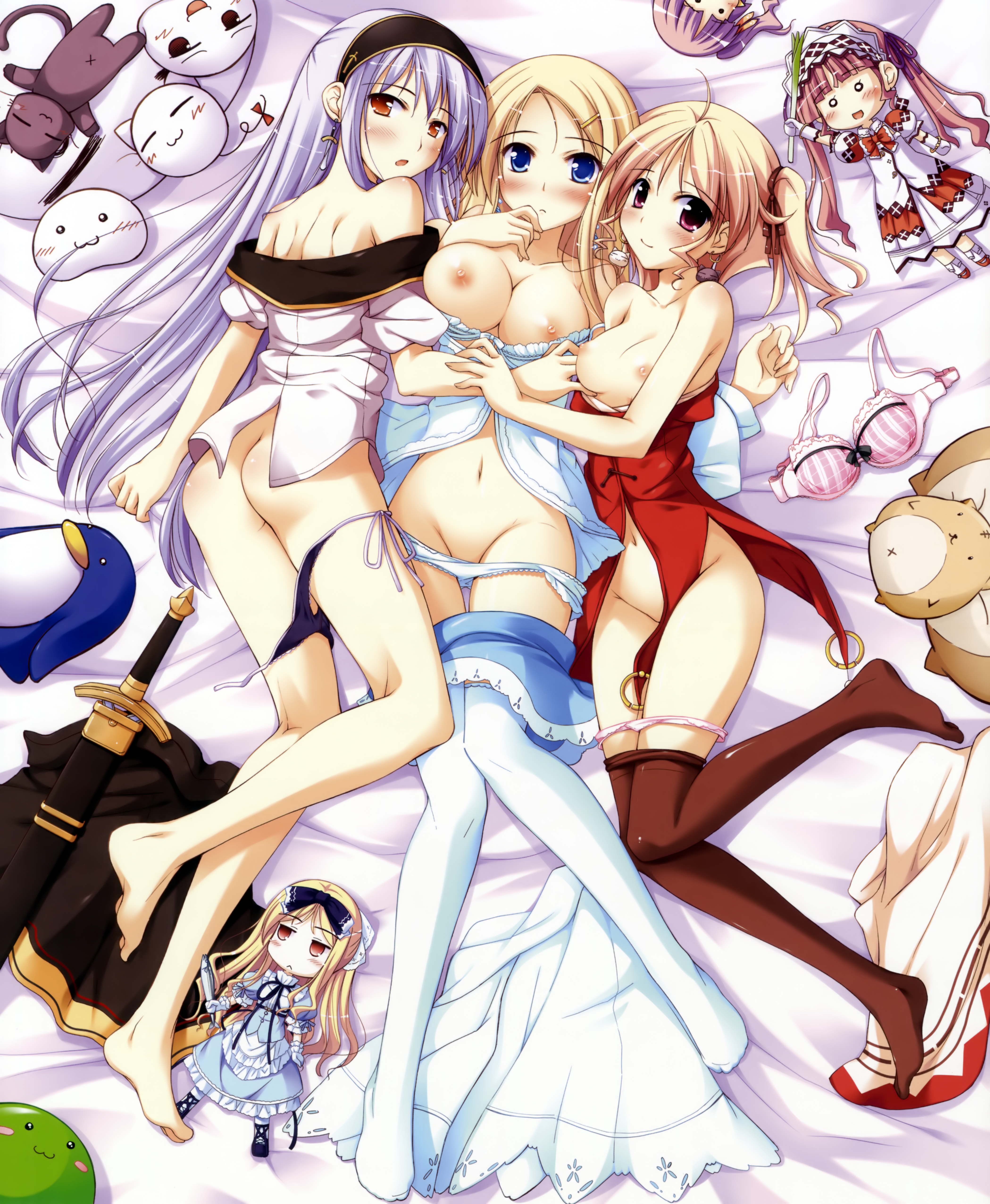 ko~cha, agnes boulange, avril (shukufuku no campanella), carina verritti, chelsea arcot, minette, salsa tortilla, shukufuku no campanella, light purple hair, absurdres, highres, 3girls, :3, ahoge, ass, barefoot, bed, black panties, blonde hair, blue eyes, blush, bow, bow bra, bra, breasts, cat, character doll, doll, earrings, feet, groin, hair ornament, hairband, hairclip, jewelry, large breasts, legs, lowleg, lying, medium breasts, multiple girls, nipples, no bra, on back, on side, orange eyes, panties, panty pull, pantyhose, pink panties, plaid bra, plaid clothes, purple eyes, purple panties, side-tie panties, stuffed animal, stuffed toy, sword, thighhighs, twintails, underwear, undressing, untied panties, unworn bra, weapon, white panties, white thighhighs, yuri