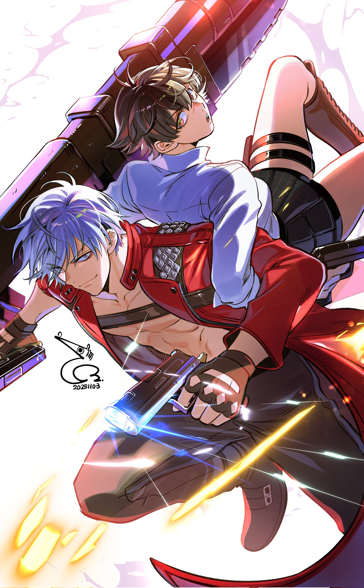 dante (devil may cry), lady (devil may cry), devil may cry, devil may cry (series), devil may cry 3, highres, 1boy, 1girl, baehee5502, black hair, blue eyes, coat, dated, ebony & ivory, green eyes, gun, heterochromia, holding, holding gun, holding weapon, kalina ann (weapon), no shirt, red coat, red eyes, rocket launcher, shirt, signature, smile, thigh strap, weapon, white hair, white shirt