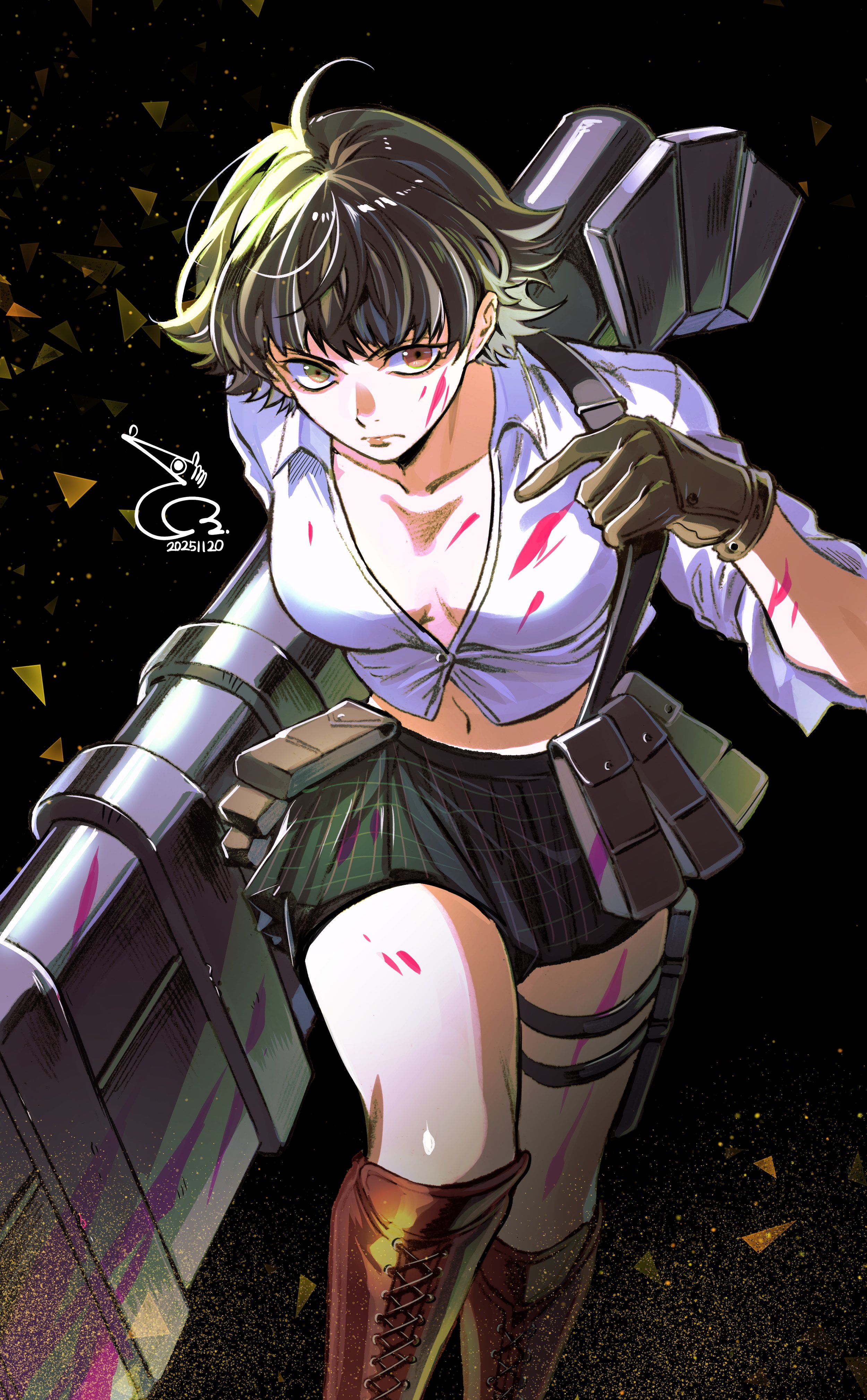 lady (devil may cry), devil may cry, devil may cry (series), devil may cry 3, absurdres, highres, 1girl, baehee5502, bike shorts, black hair, blood, blood on clothes, blood on face, dated, gloves, green eyes, heterochromia, kalina ann (weapon), midriff, red eyes, rocket launcher, shirt, signature, thigh strap, weapon, white shirt