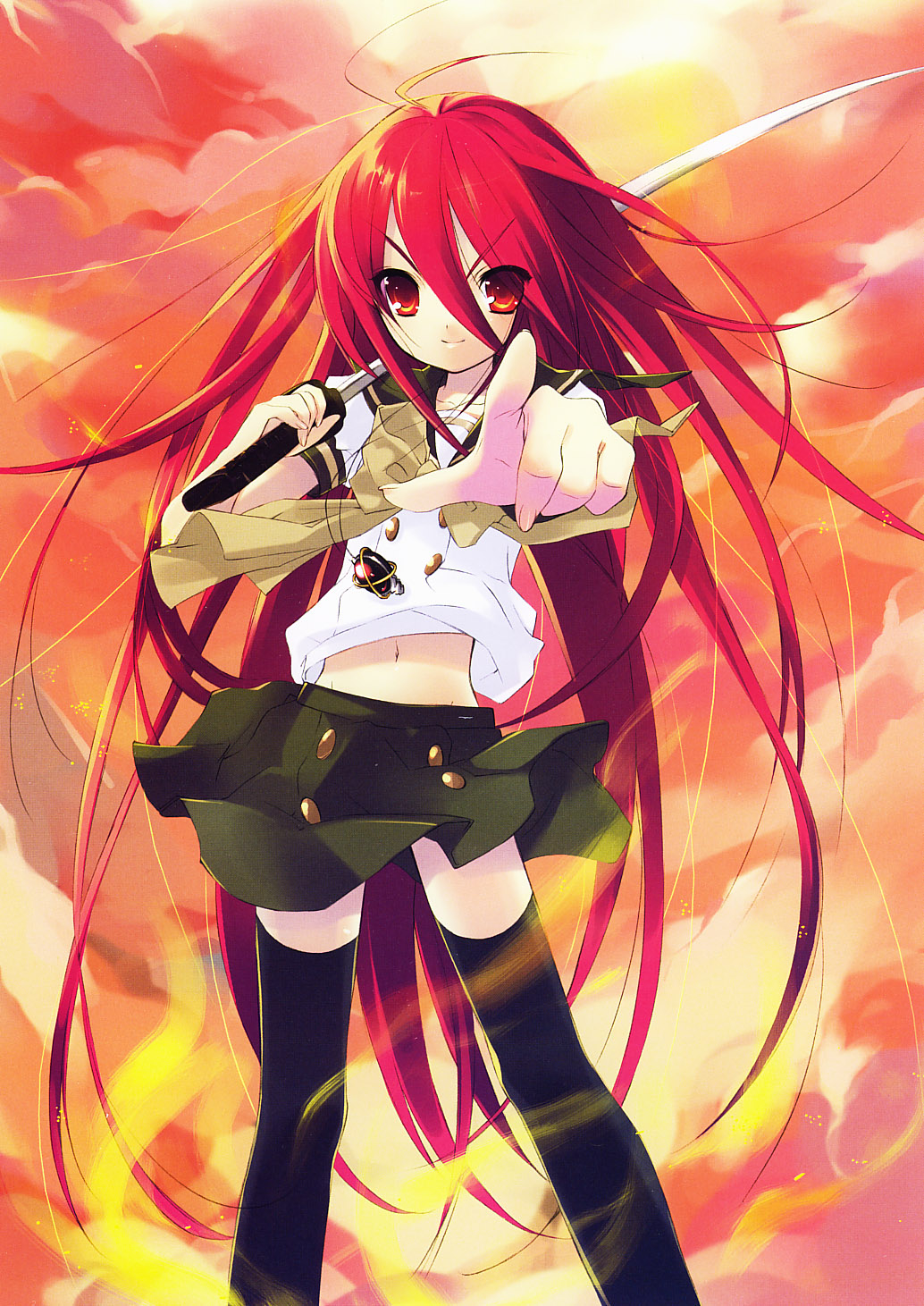 ito noizi, alastor (shakugan no shana), shana, shakugan no shana, highres, scan, 00s, 1girl, female focus, jewelry, katana, long hair, midriff, navel, pendant, pointing, red eyes, red hair, red theme, school uniform, smile, solo, sword, thighhighs, weapon, zettai ryouiki