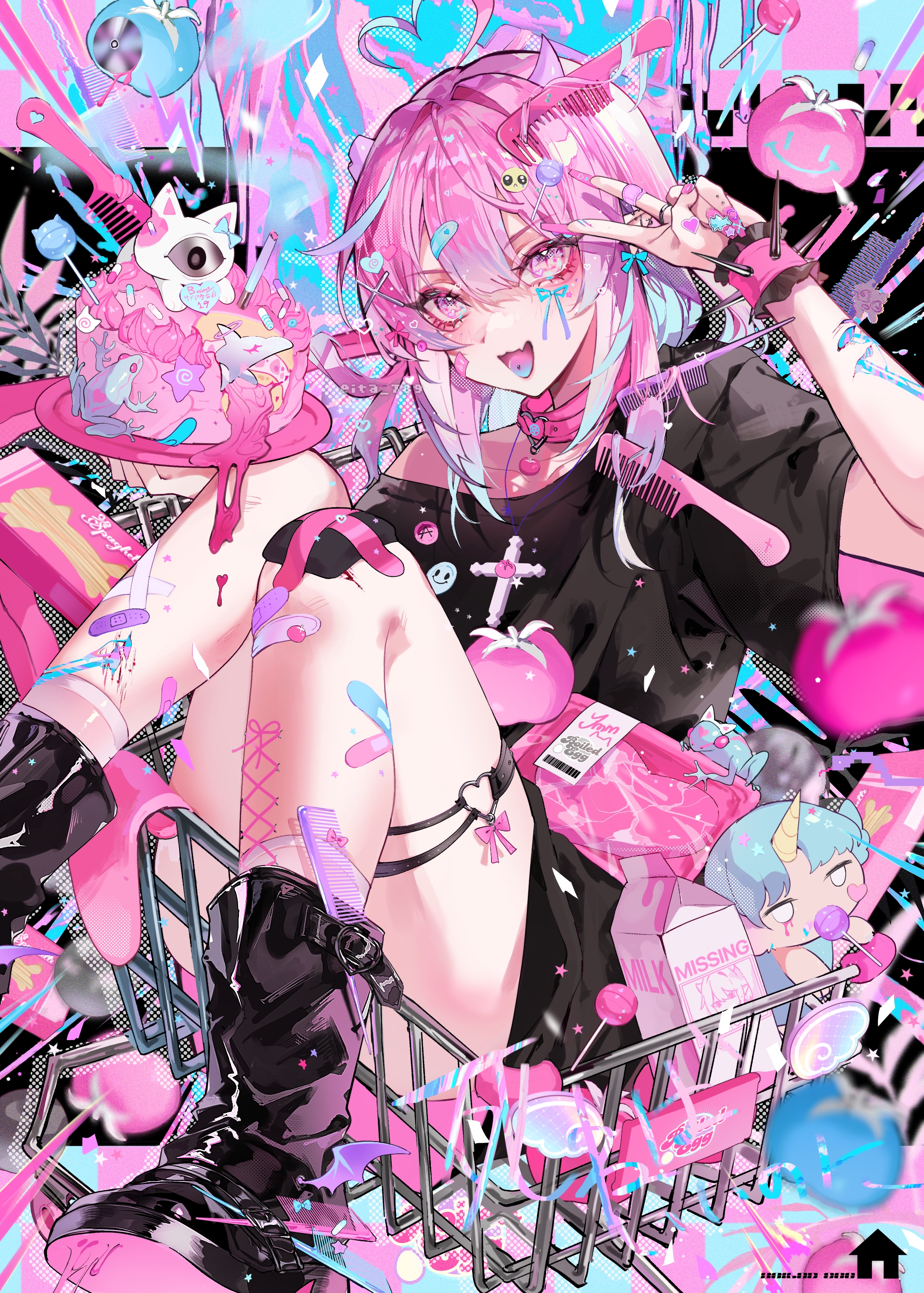 eita 789, original, absurdres, commentary, english commentary, highres, 1boy, bandaid, bandaid on leg, black boots, black shirt, boots, cake, comb, demon boy, food, frilled wrist cuffs, frills, gauze on knee, in shopping cart, looking at viewer, male focus, open mouth, pink eyes, pink hair, puffy short sleeves, puffy sleeves, shirt, shopping cart, short sleeves, sitting, smile, thigh strap, trap, wrist cuffs