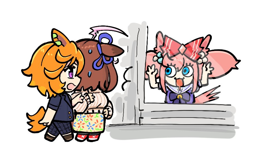 pikminpreggedup, agnes digital (umamusume), meisho doto (casual) (umamusume), meisho doto (umamusume), t.m. opera o (casual) (umamusume), t.m. opera o (umamusume), umamusume, 3girls, ^^^, against glass, ahoge, animal ear piercing, animal ears, bare arms, black pantyhose, black shoes, blazer, blue bow, blue bowtie, blue eyes, blue jacket, blue pants, blue shirt, bow, bowtie, breasts, brooch, brown hair, chibi, collared jacket, diamond hair ornament, drooling, earrings, expressive hair, eyelashes, floral print, from side, gold buttons, hair between eyes, hair bobbles, hair bow, hair ornament, hand on another's arm, happy, horse ears, horse girl, horse tail, horseshoe ornament, huge ahoge, jacket, jewelry, lapels, large bow, large breasts, long hair, long skirt, long sleeves, multicolored hair, multiple girls, multiple piercings, nervous, nervous sweating, notched lapels, open mouth, orange hair, pants, pantyhose, pink hair, plaid clothes, plaid pants, print skirt, puffy long sleeves, puffy short sleeves, puffy sleeves, purple ribbon, red bow, red shoes, ribbon, sailor collar, school uniform, shirt, shoes, short hair, short sleeves, sidelocks, skirt, sleeves past wrists, smile, sneakers, stalking, streaked hair, sweat, sweater, tail, tail raised, tracen school uniform, turtleneck, turtleneck sweater, twintails, white background, white sailor collar, white sweater, wide-eyed, window, yellow skirt