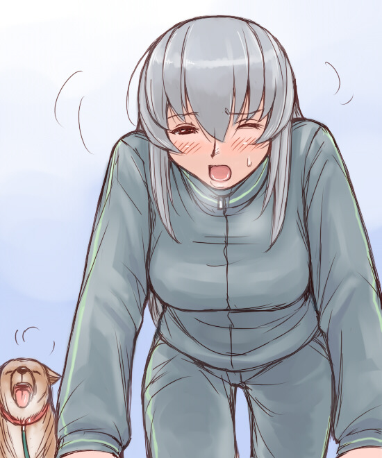 tsuda nanafushi, suigintou, rozen maiden, silver hair, 00s, aged up, dog, one eye closed, solo, sweat, track suit, wink