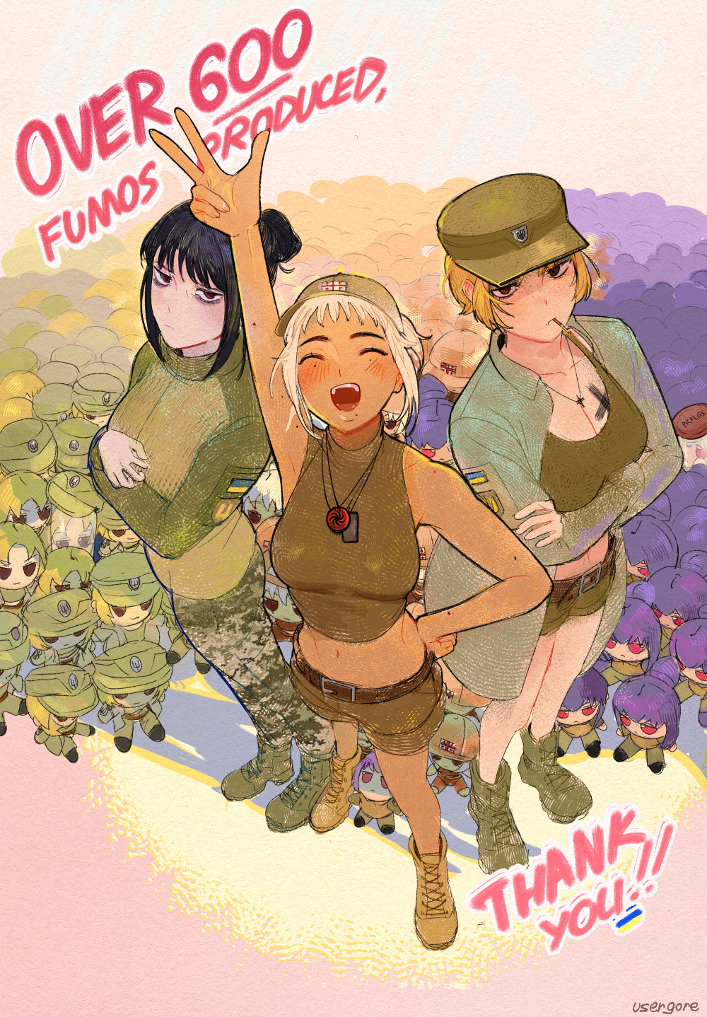 usergore, eva (kavunyak), marichka, nika (usergore), original, highres, 3girls, :d, ^ ^, bags under eyes, blonde hair, boots, breast tattoo, brown eyes, camouflage, chibi, closed eyes, coat, crossed arms, deformed, digital camouflage, english text, fumo (doll), georgian flag, green coat, green shorts, hair bun, hat, looking at viewer, midriff, military uniform, multiple girls, navel, open mouth, pants, purple eyes, russo-ukrainian war, short hair, shorts, sleeveless, smile, soldier, tank top, tattoo, tomboy, ukraine
