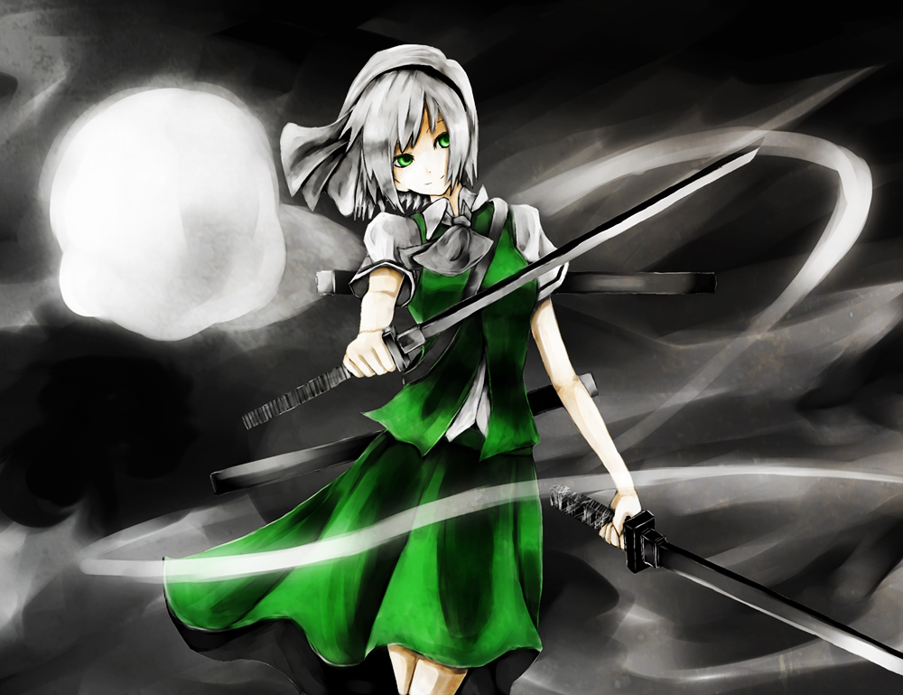 kanata, kanata (kiduka), konpaku youmu, konpaku youmu (ghost), touhou, silver hair, bad id, bad pixiv id, 1girl, dual wielding, female focus, green eyes, hairband, hitodama, holding, katana, short hair, solo, sword, weapon