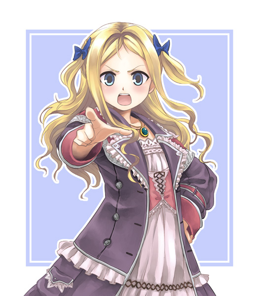 cuderia von feuerbach, atelier (series), atelier rorona, gust, 1girl, blonde hair, blue background, blue eyes, blush, bow, coat, dress, female focus, frills, hair bow, hand on own hip, jewelry, long hair, long sleeves, necklace, open mouth, outline, pointing, pointing at viewer, solo, twintails, two side up
