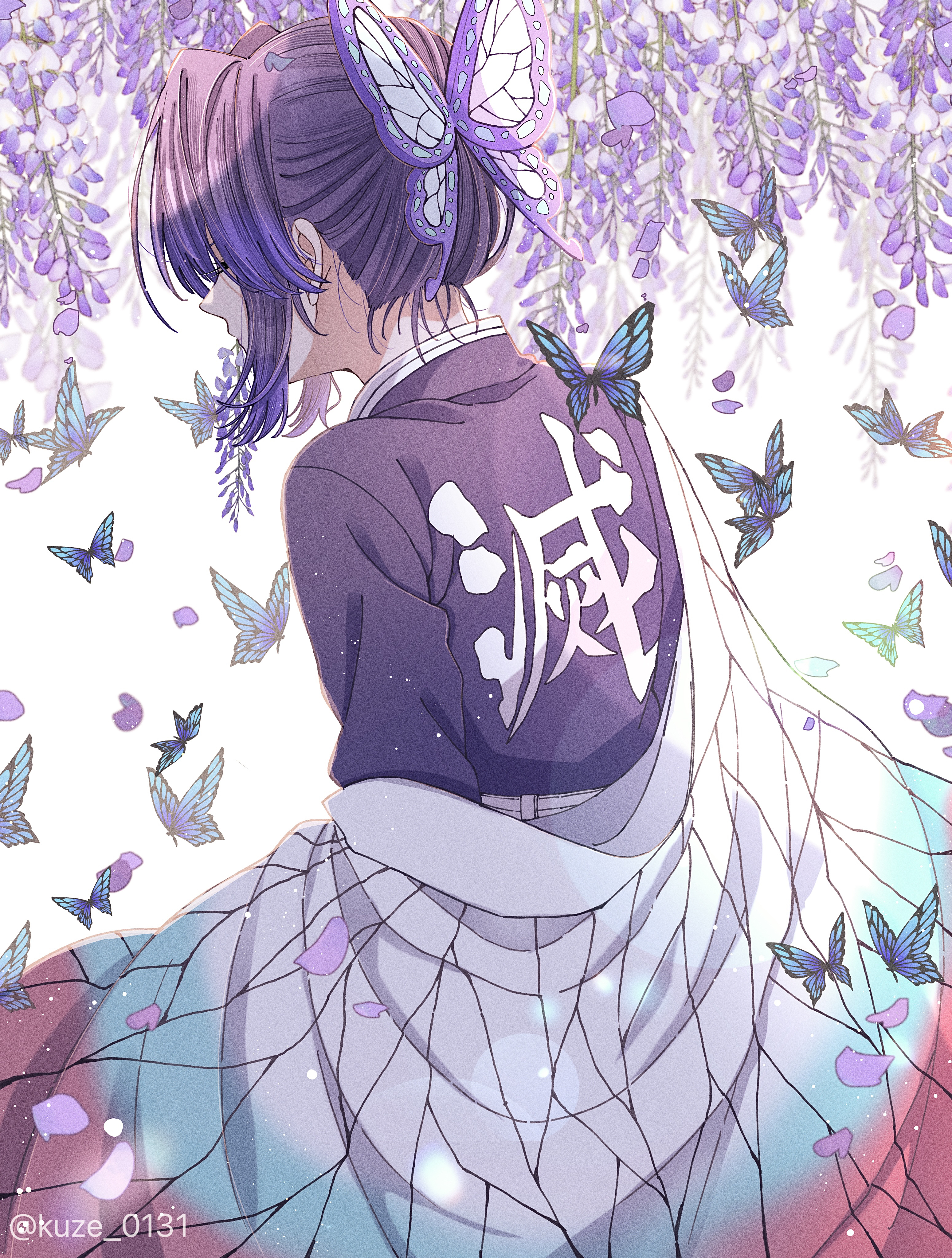 kuze 0131, kochou shinobu, kimetsu no yaiba, absurdres, highres, 1girl, artist name, black hair, bug, butterfly, butterfly hair ornament, demon slayer uniform, gradient hair, hair ornament, haori, insect, jacket, japanese clothes, long sleeves, multicolored hair, purple eyes, purple hair, short hair, tree, white background