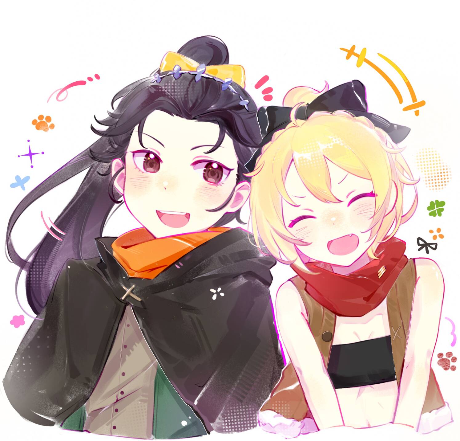 felt (re:zero), natsuki subaru, re:zero kara hajimeru isekai seikatsu, highres, 2girls, bandeau, black bow, black hair, blonde hair, blush, bow, breasts, brown eyes, brown vest, capelet, cloak, closed eyes, fang, genderswap, genderswap (mtf), hair bow, long hair, multiple girls, open mouth, orange scarf, pinkiewjx, ponytail, red scarf, scarf, short hair, smile, strapless, tube top, upper body, vest, white background, yellow bow