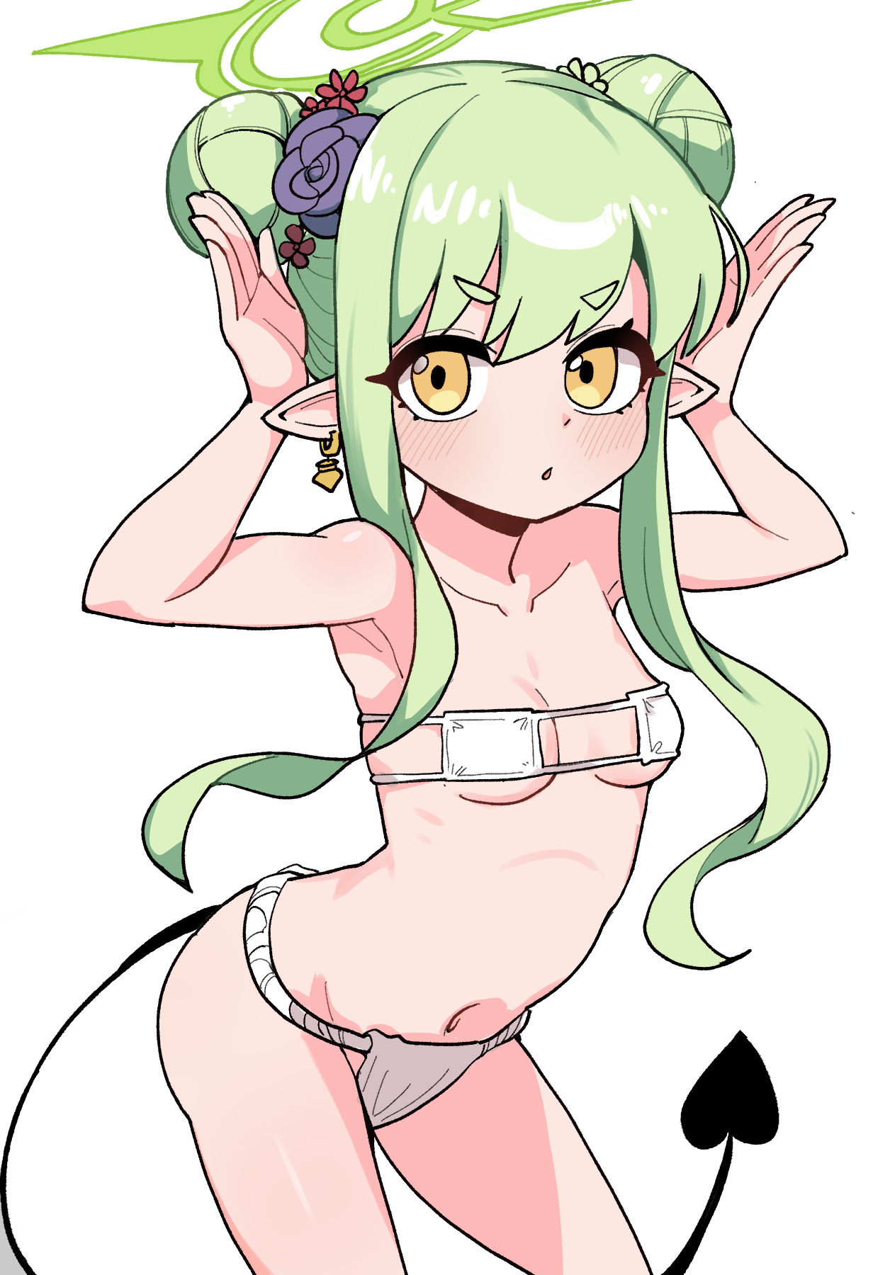 mago cats, hikari (blue archive), blue archive, commentary request, highres, korean commentary, 1girl, bare arms, bikini, breasts, demon horns, double bun, earrings, eyepatch bikini, flower, green hair, green halo, hair bun, hair flower, hair ornament, halo, horns, jewelry, long hair, looking at viewer, navel, pointy ears, sidelocks, simple background, small breasts, solo, swimsuit, white background, white bikini, yellow eyes