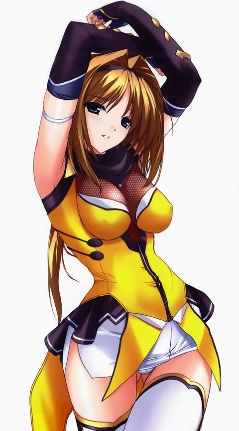 onigirikun, takamori haruka, choukou (alicesoft), choukou sennin haruka, 00s, 1girl, armband, armpits, arms up, blue eyes, blush, breasts, brown hair, cameltoe, cleavage, covered erect nipples, elbow gloves, female focus, fingerless gloves, fishnets, gloves, hair intakes, hairband, impossible clothes, impossible shirt, long hair, ninja, panties, shirt, simple background, smile, solo, thigh gap, thighhighs, thighs, underwear, white panties, white thighhighs, zettai ryouiki