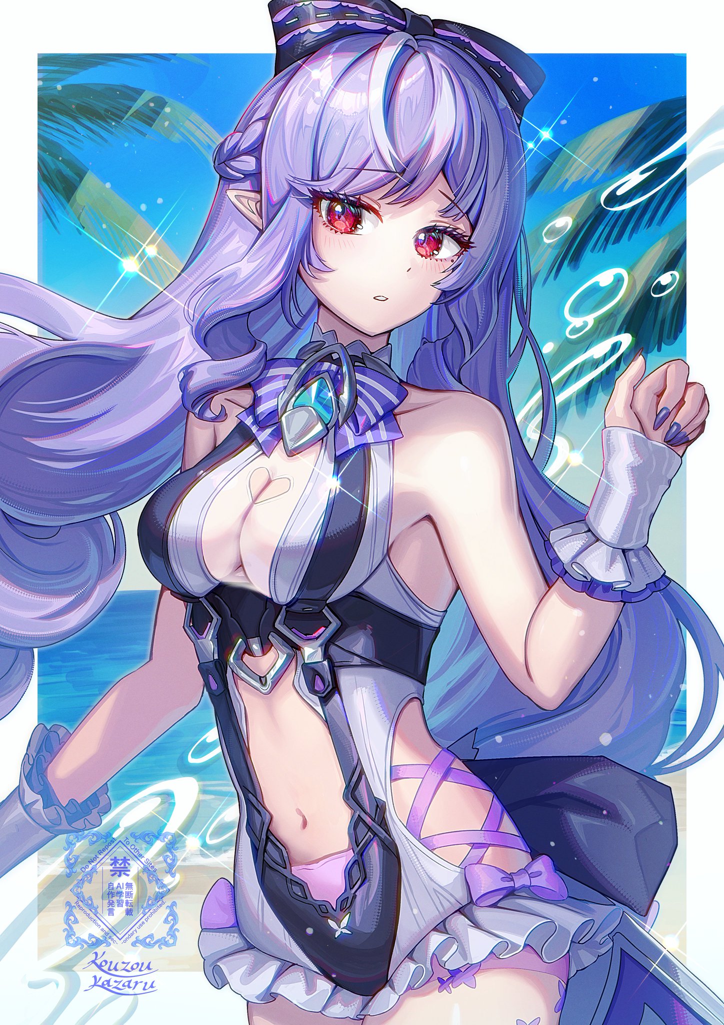 kozou kazaru, vivian banshee, vivian banshee (iris of the shore), zenless zone zero, commentary request, highres, 1girl, animal print, bare shoulders, beach, black bow, blue sky, blush, border, bow, bowtie, breasts, butterfly print, clothing cutout, drill hair, drill sidelocks, frilled one-piece swimsuit, frilled wrist cuffs, frills, hair bow, hand up, heart cutout, horizon, long hair, looking to the side, medium breasts, mole, mole under eye, navel, ocean, official alternate costume, one-piece swimsuit, outdoors, palm tree, parted lips, pink bow, pointy ears, purple bow, purple bowtie, purple hair, purple nails, red eyes, sand, see-through clothes, sidelocks, sky, solo, sparkle, splashing, stomach cutout, swimsuit, tree, two-tone one-piece swimsuit, upper body, water, white border, white one-piece swimsuit, wrist cuffs