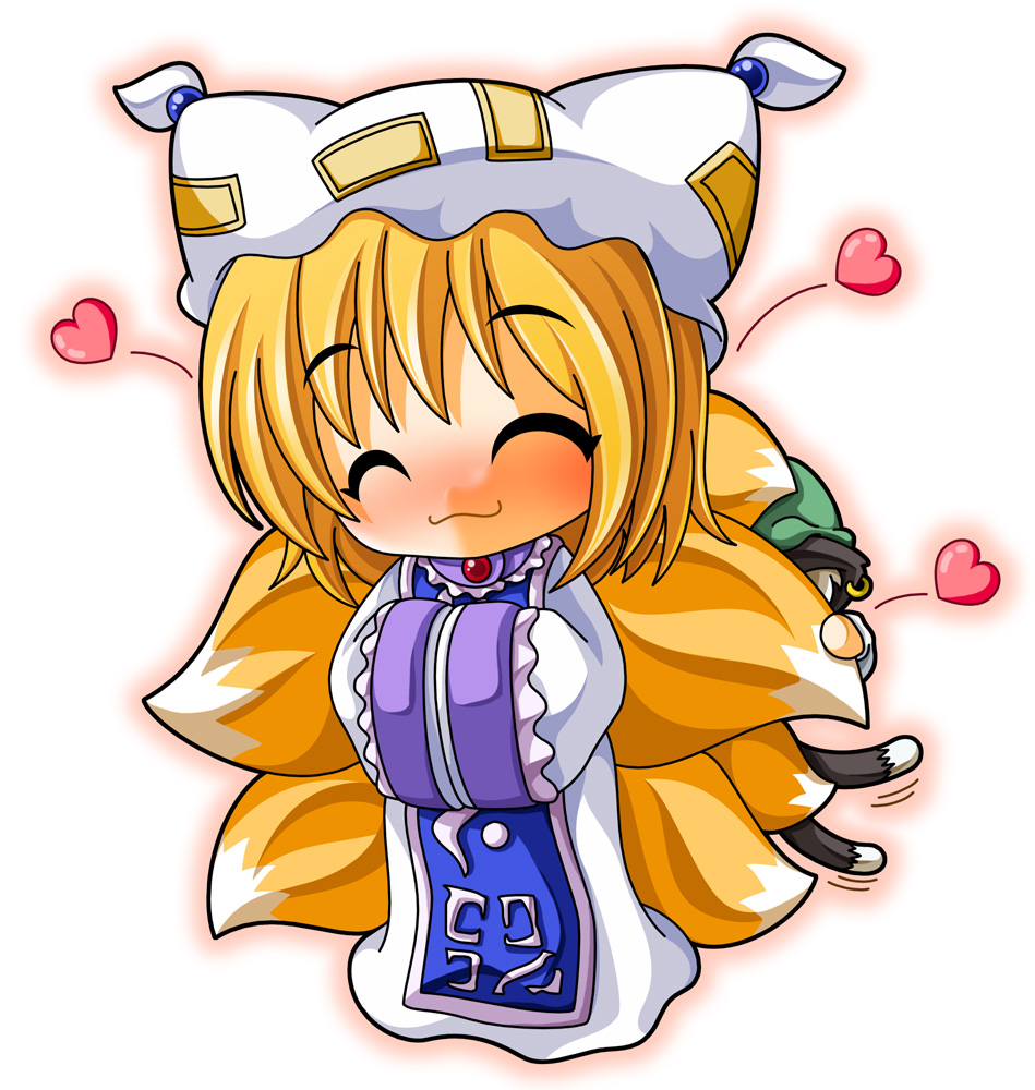 shinjitsu, chen, yakumo ran, touhou, bad id, bad pixiv id, 2girls, :3, animal ears, animal hat, blonde hair, cat ears, cat girl, cat tail, chibi, closed eyes, earrings, female focus, fox tail, hat, heart, jewelry, long sleeves, mob cap, multiple girls, multiple tails, puffy short sleeves, puffy sleeves, short hair, short sleeves, single earring, tail, tassel, white background, wide sleeves