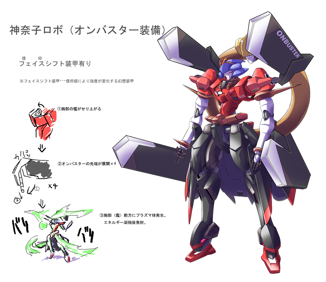 yoshi tama, yasaka kanako, touhou, translation request, arrow (symbol), female focus, mecha, mechanization, no humans, robot