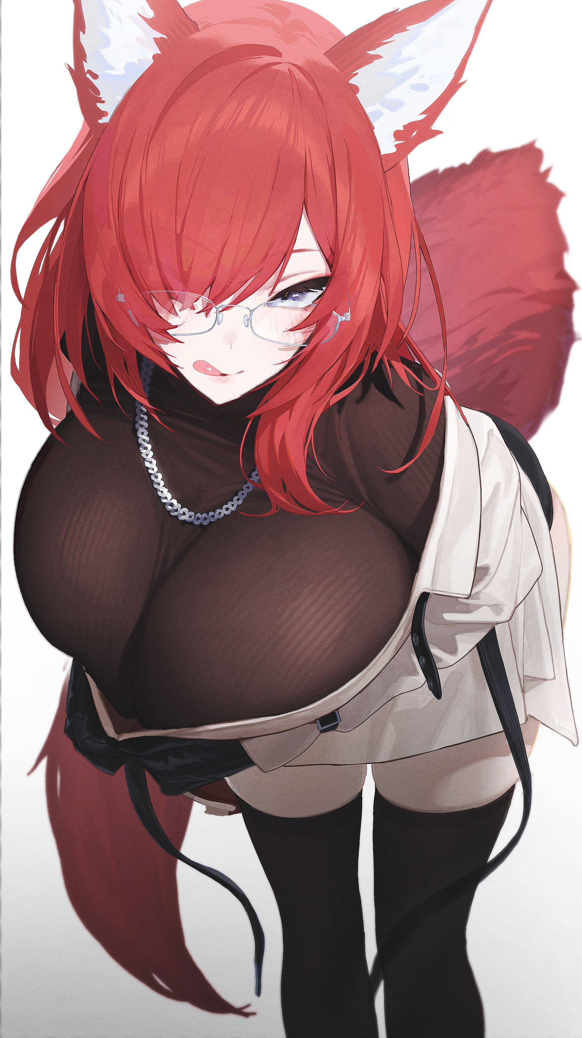 daraa, warrior of light (ff14), final fantasy, final fantasy xiv, absurdres, commission, commissioner upload, highres, vgen commission, 1girl, :p, animal ears, black gloves, blue eyes, blush, boots, breast press, breasts, fox ears, fox girl, fox tail, glasses, gloves, hair over one eye, jacket, jewelry, large breasts, leaning forward, long hair, m'arie kheckdizi, necklace, red hair, skirt, solo, sweater, tail, thigh boots, tongue, tongue out