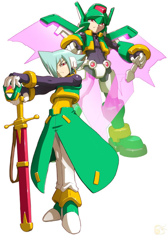 aeolus (mega man), model h (mega man), capcom, mega man (series), mega man zx, mega man zx advent, official art, 1boy, aqua hair, closed mouth, dual wielding, expressionless, full body, green vest, headset, helmet, holding, holding sword, holding weapon, legs together, looking at viewer, male focus, mechanical wings, outstretched arms, pants, sheath, sheathed, simple background, standing, sword, transparent wings, vest, weapon, white background, white pants, wings