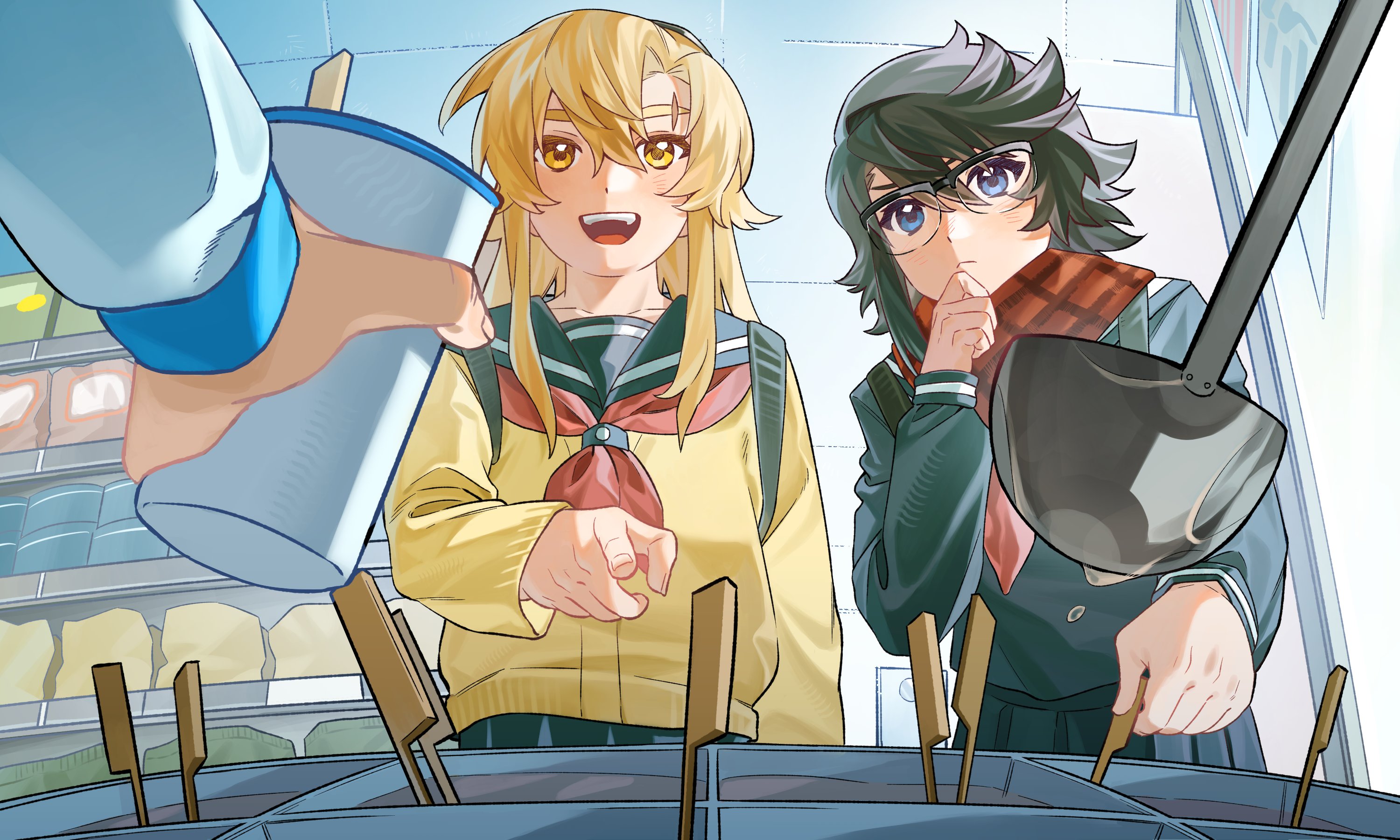 jiguang haibao, koishikawa iko, momijiyama teru, shy (series), hashtag-only commentary, highres, 3girls, black bag, black hair, black headband, black jacket, black sailor collar, black skirt, blonde hair, blue eyes, cardigan, cup, disposable cup, hand on own chin, headband, holding, holding cup, holding ladle, ice cream spoon, jacket, ladle, long hair, long sleeves, messy hair, multiple girls, neckerchief, open mouth, pleated skirt, pointing, pov, pov hands, red neckerchief, red scarf, sailor collar, scar, scar across eyebrow, scar on face, scarf, school uniform, semi-rimless eyewear, short hair, skirt, spoon, teeth, upper teeth only, yellow cardigan, yellow eyes