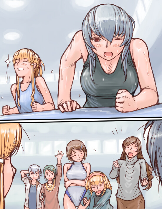 tsuda nanafushi, barasuishou, hinaichigo, kanaria, shinku, souseiseki, suigintou, suiseiseki, rozen maiden, silver hair, 00s, 6+girls, aged up, blonde hair, breasts, brown eyes, brown hair, casual, green hair, hairband, halter top swimsuit, halterneck, large breasts, long hair, multiple girls, one-piece swimsuit, one eye closed, short hair, siblings, sisters, swimming, swimsuit, twins, wet, wink