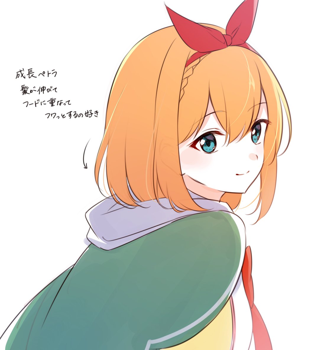 mikami (nemu mohu), petra leyte, re:zero kara hajimeru isekai seikatsu, 1girl, arrow (symbol), blue eyes, bow, braid, cape, closed mouth, double-parted bangs, from side, green cape, hair between eyes, hair ribbon, hairband, hood, hood down, jacket, looking at viewer, medium hair, orange hair, red bow, red hairband, red ribbon, ribbon, short hair, simple background, smile, solo, split mouth, upper body, white background