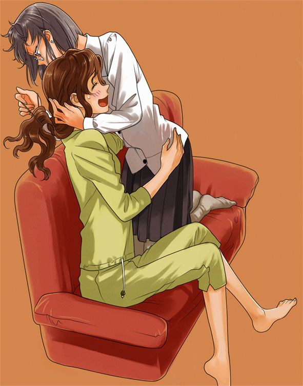 mori (unknown.), mutsuki sera, souma rena, strawberry shake sweet, grabbing, character request, 2girls, barefoot, bespectacled, black hair, blush, borrowed clothes, brown hair, closed eyes, couple, dress, earrings, eyewear switch, feet, glasses, jewelry, long hair, multiple girls, pantyhose, ponytail, short hair, simple background, smile, sweat, unworn eyewear, yuri