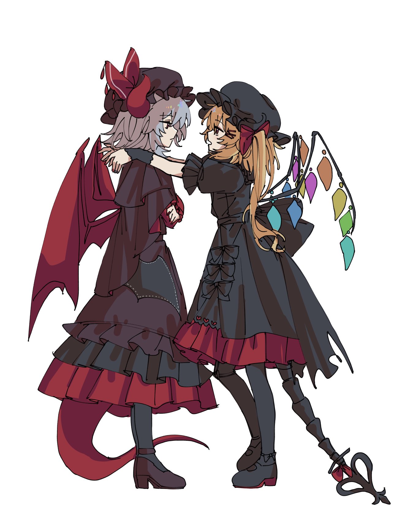 hua88331, flandre scarlet, remilia scarlet, touhou, touhou lostword, commentary request, highres, 2girls, alternate costume, alternate headwear color, alternate wings, back bow, black bow, black dress, black hat, black pantyhose, black shoes, blonde hair, blue hair, bow, capelet, closed mouth, crossed arms, crystal, dragon girl, dragon horns, dragon tail, dress, eye contact, hair bow, hands on another's shoulders, hat, high heels, horns, looking at another, mob cap, multicolored wings, multiple girls, one side up, open mouth, pantyhose, red bow, red capelet, red eyes, shoes, siblings, simple background, sisters, tail, white background, wings