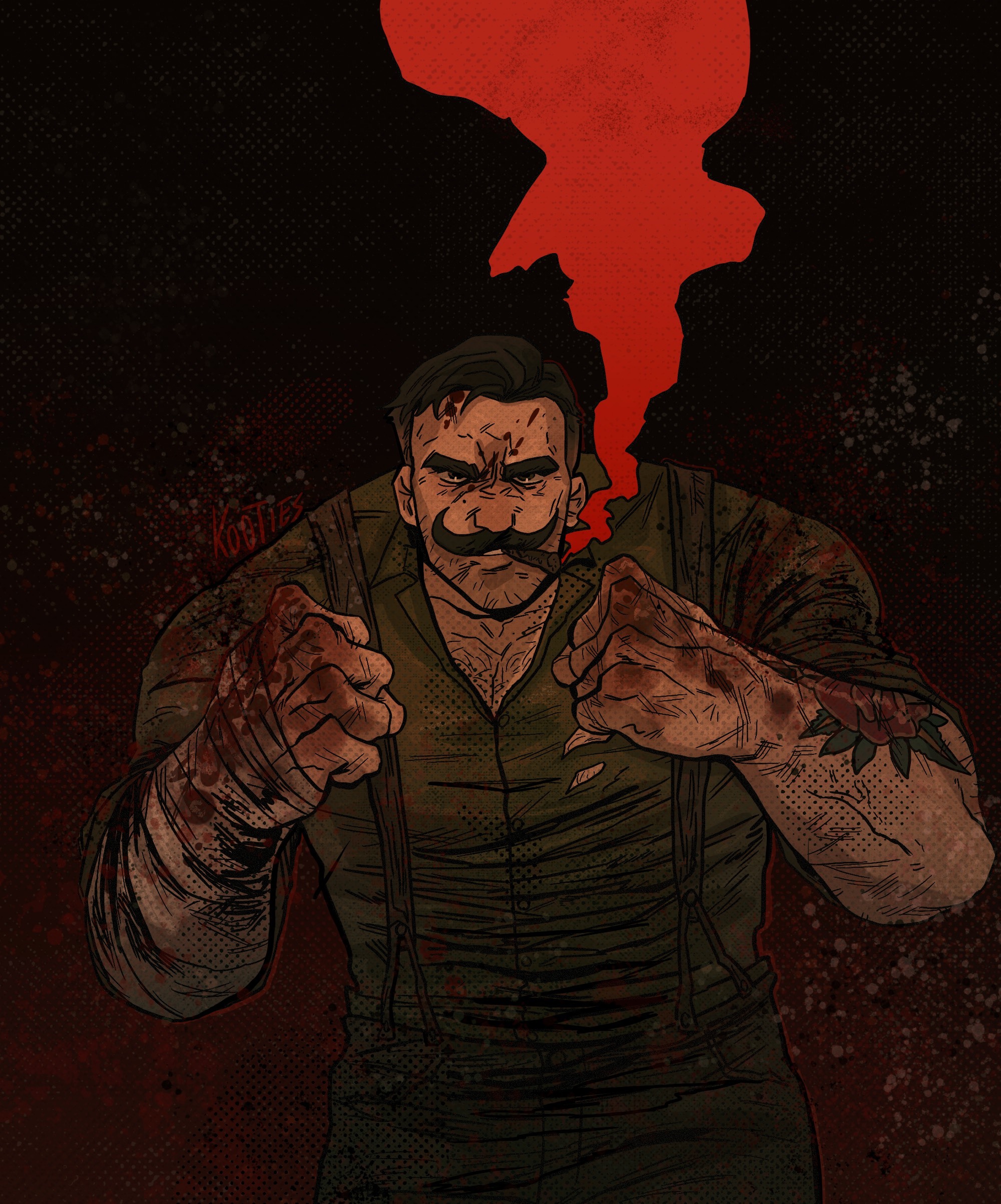 punch up (dispatch), dispatch, absurdres, highres, 1boy, arm tattoo, artist name, black hair, blood, blood on arm, blood on face, chest hair, cigar, clenched hands, colored smoke, dark background, facial hair, fighting stance, flower tattoo, ko0tiesnbeans, male focus, muscular, muscular male, mustache, pectorals, shirt, short sleeves, smoke, smoking, solo, standing, suspenders, tattoo, thick eyebrows, torn clothes, torn shirt
