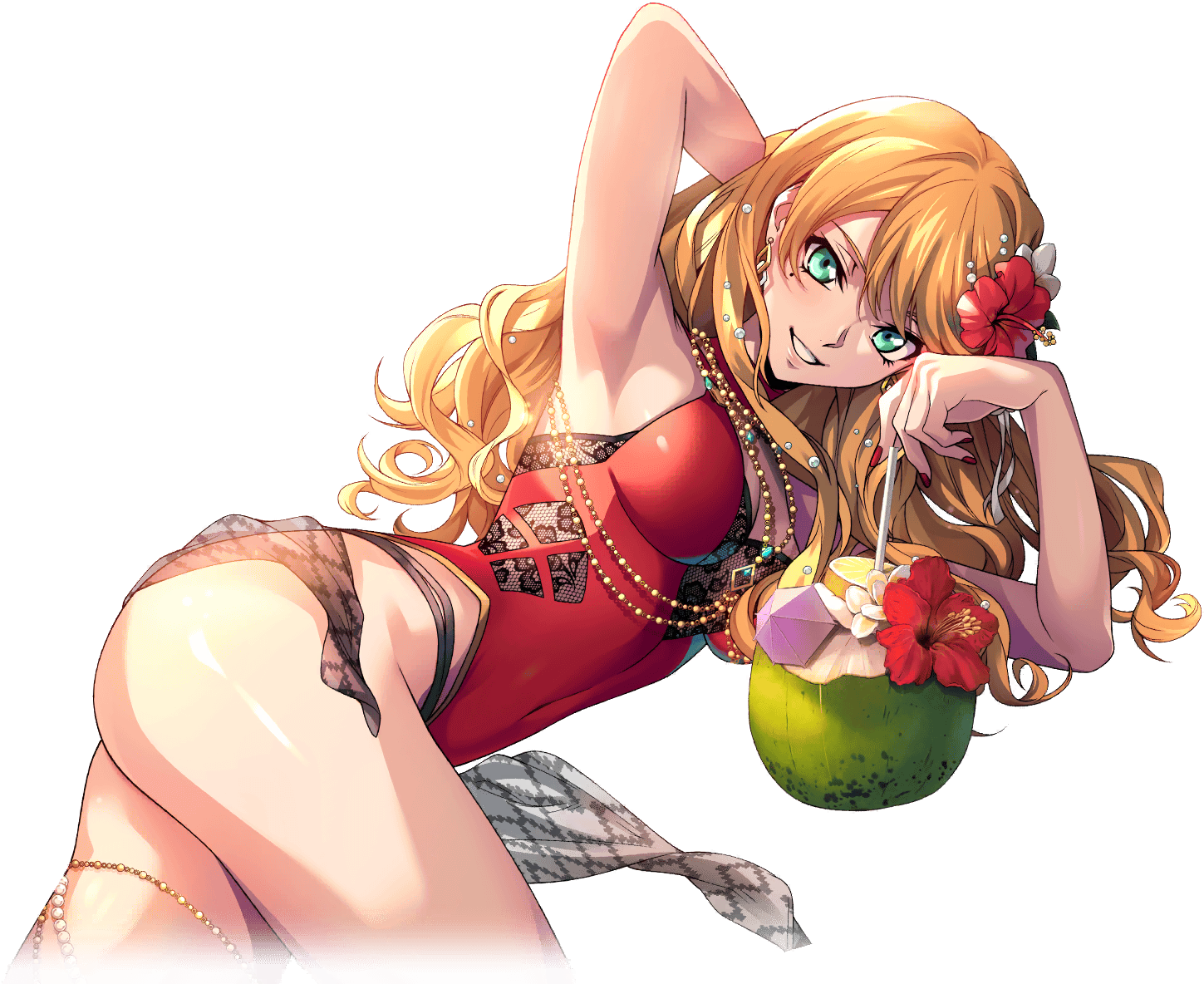 f4samurai, oldrin zevon, code geass, code geass: lost stories, code geass: soubou no oz, official art, 1girl, blonde hair, breasts, green eyes, hair ornament, long hair, medium breasts, nail polish, red nails, smile, swimsuit, teeth
