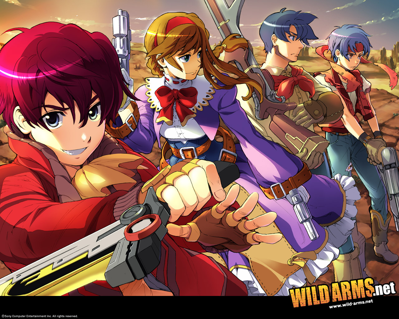 ashley winchester, jude maverick, rody roughnight, virginia maxwell, wild arms, wild arms 1, wild arms 2, wild arms 3, wild arms 4, official art, 1girl, 3boys, breasts, canyon, crossover, dress, gun, gunblade, hairband, handgun, in-franchise crossover, medium breasts, multiple boys, purple dress, red hairband, revolver, torn clothes, weapon
