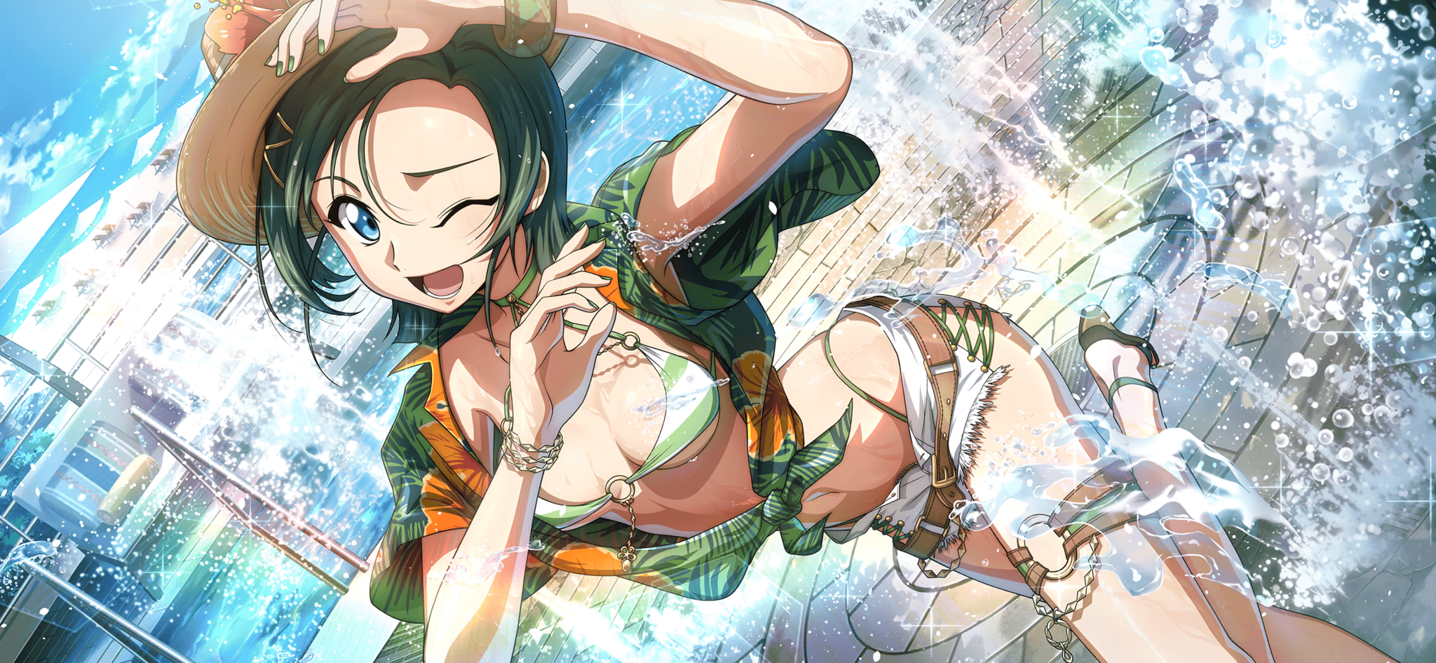 f4samurai, code geass, code geass: lost stories, code geass: soubou no oz, highres, official art, 1girl, ;d, arm up, bikini, blue eyes, bracelet, breasts, cleavage, company name, copyright name, copyright notice, day, green hair, green nails, hair between eyes, hat, jewelry, logo, nail polish, one eye closed, open mouth, outdoors, shirt, short shorts, short sleeves, shorts, smile, sokkia sherpa, solo, swimsuit, tied shirt, water, water drop