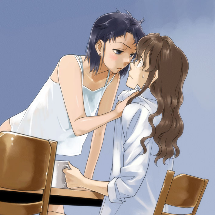 mori (unknown.), mutsuki sera, souma rena, strawberry shake sweet, character request, 2girls, black eyes, black hair, blush, bra strap, brown eyes, brown hair, camisole, chair, clothes grab, couple, cup, earrings, eye contact, jewelry, lingerie, long hair, looking at another, morning after, multiple girls, nightgown, no eyewear, short hair, sitting, sweat, underwear, yuri