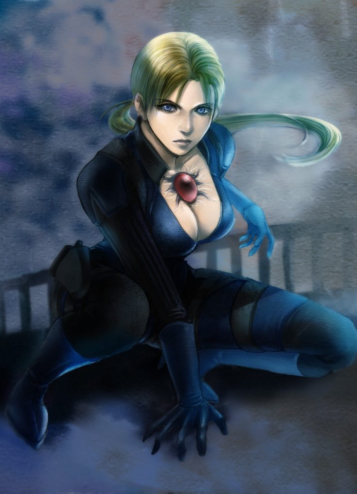 jill valentine, resident evil, resident evil 5, duplicate, spoilers, 1girl, blonde hair, blue eyes, bodysuit, breasts, cleavage, female focus, holster, large breasts, long hair, ponytail, solo, squatting