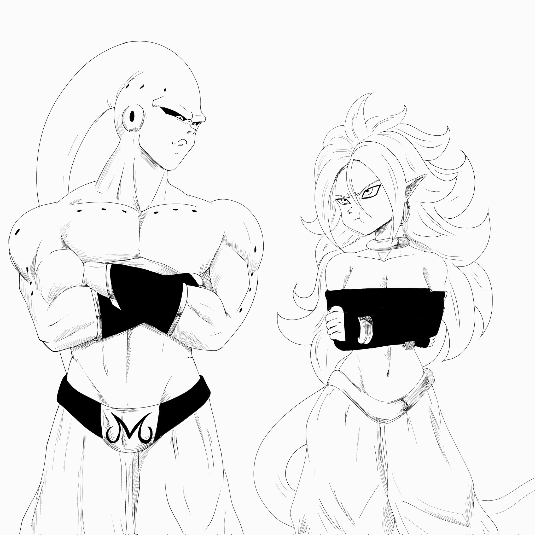 ivyrandomart, android 21, majin android 21, majin buu, super buu, dragon ball, dragonball z, 1boy, 1girl, antennae, baggy pants, belt, breasts, choker, cleavage, earrings, holes, jewelry, long hair, looking down, midriff, monochrome, monster, monster girl, muscular, muscular male, pants, pout, tail, tank top, topless frame, toplesss male