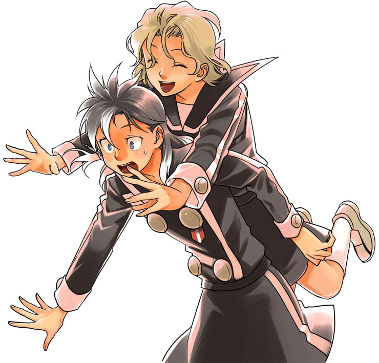 mori (unknown.), kijimiya otoha, sagara michi, hayate x blade, character request, 00s, 2girls, black hair, blonde hair, blue eyes, closed eyes, earrings, hug, jewelry, multiple girls, school uniform, shoes, short hair, simple background, smile, sneakers, socks, surprised, sweat