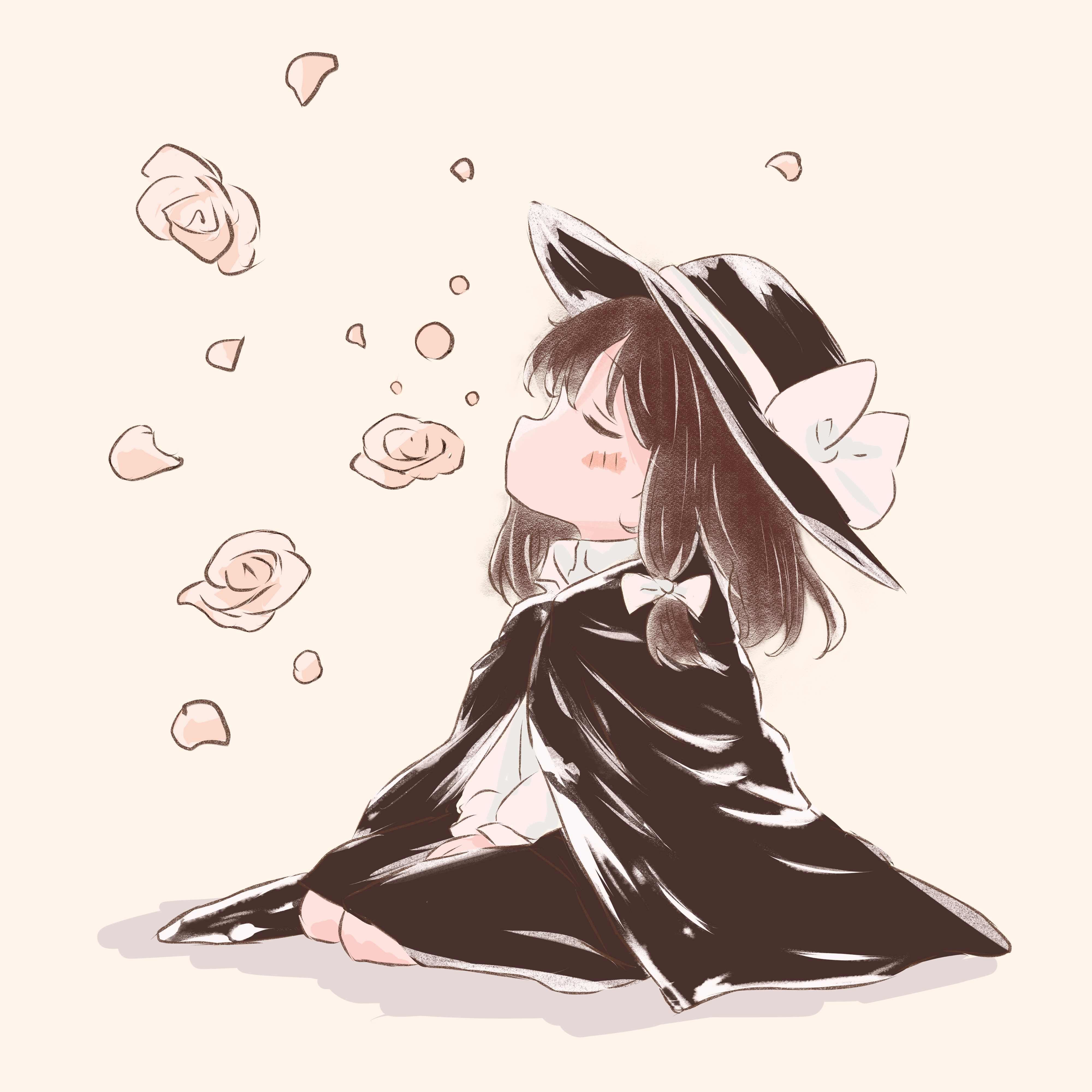 iris-san, usami renko, touhou, absurdres, check flower, commentary request, flower request, highres, 1girl, black capelet, black hat, black skirt, bow, brown hair, capelet, closed eyes, flower, from side, hair bow, hat, hat bow, looking up, pink flower, rose, seiza, shirt, simple background, sitting, sketch, skirt, solo, white background, white shirt