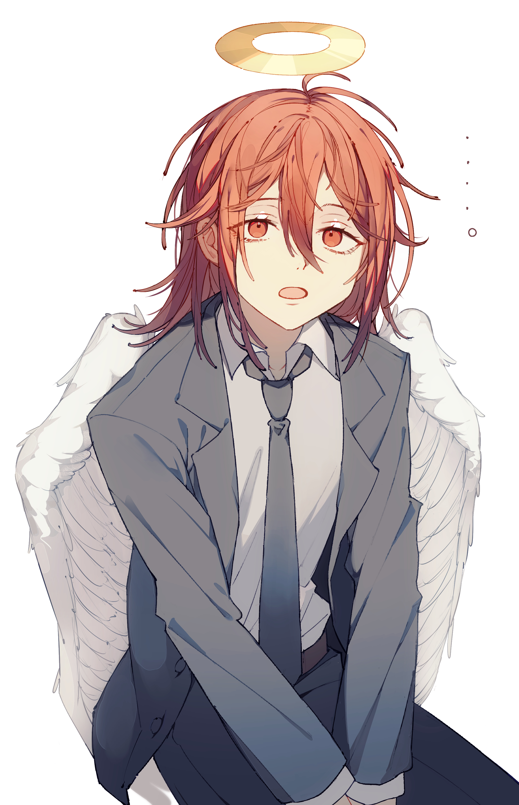 deep (deep4946), angel devil (chainsaw man), chainsaw man, absurdres, highres, 1boy, angel, angel wings, collared shirt, feathered wings, formal clothes, grey jacket, grey necktie, grey suit, hair between eyes, halo, jacket, long sleeves, looking at viewer, male focus, medium hair, necktie, open clothes, open jacket, open mouth, orange eyes, orange hair, shirt, simple background, sitting, solo, suit, suit jacket, traditional halo, white background, white shirt, white wings, wings