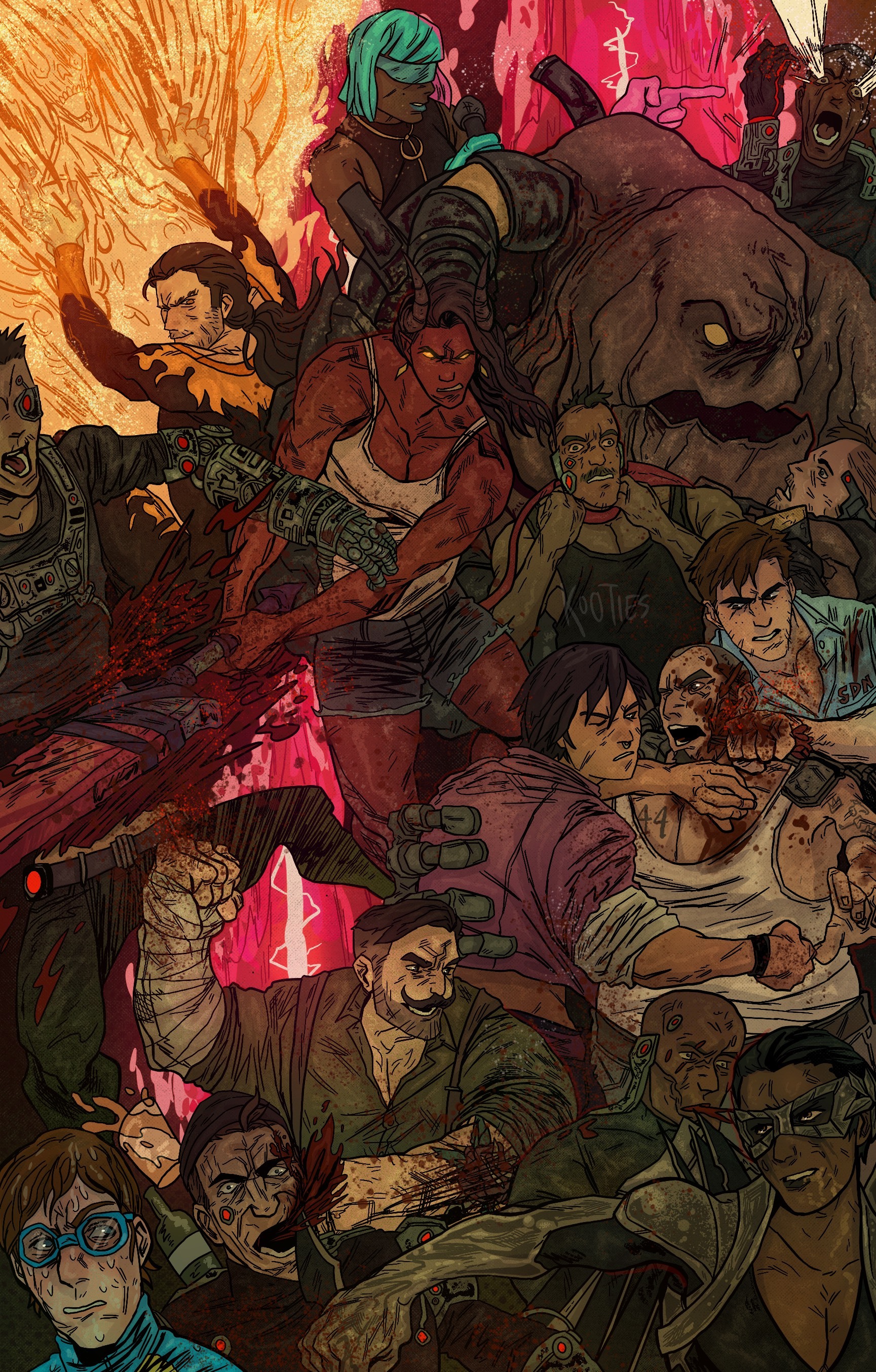 coupe (dispatch), flambae (dispatch), golem (dispatch), invisigal (dispatch), malevola (dispatch), prism (dispatch), punch up (dispatch), robert robertson, waterboy (dispatch), dispatch, absurdres, highres, 4girls, 6+boys, arm wrap, armstrong (dispatch), artist name, beard stubble, blood, blood on clothes, blood on face, brown hair, colored skin, earrings, face piercing, facial hair, fighting, fire, gloves, holding, holding sword, holding weapon, horns, jewelry, ko0tiesnbeans, light rays, mask, mechanical arms, microphone, mohawk, multicolored hair, multiple boys, multiple girls, muscular, muscular female, mustache, nervous sweating, nose piercing, nose ring, piercing, pink gloves, punching, red skin, single mechanical eye, spitting, spitting blood, strangling, stubble, suspenders, sweat, sword, tail, two-tone hair, weapon, yellow eyes