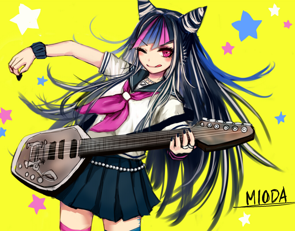 himasen, mioda ibuki, danganronpa (series), danganronpa 2: goodbye despair, commentary request, 1girl, ;q, black hair, black sailor collar, black skirt, blue hair, blue streaks, blush, character name, collared shirt, ear piercing, eyelashes, guitar, hair horns, holding, holding guitar, holding instrument, holding plectrum, instrument, jewelry, long hair, multicolored hair, neckerchief, necklace, one eye closed, piercing, pink eyes, pink hair, pink neckerchief, pink streaks, plectrum, ring, sailor collar, school uniform, scrunchie, serafuku, shirt, short sleeves, simple background, skirt, smile, solo, star (symbol), streaked hair, tongue, tongue out, v-shaped eyebrows, white hair, white shirt, wrist scrunchie, yellow background
