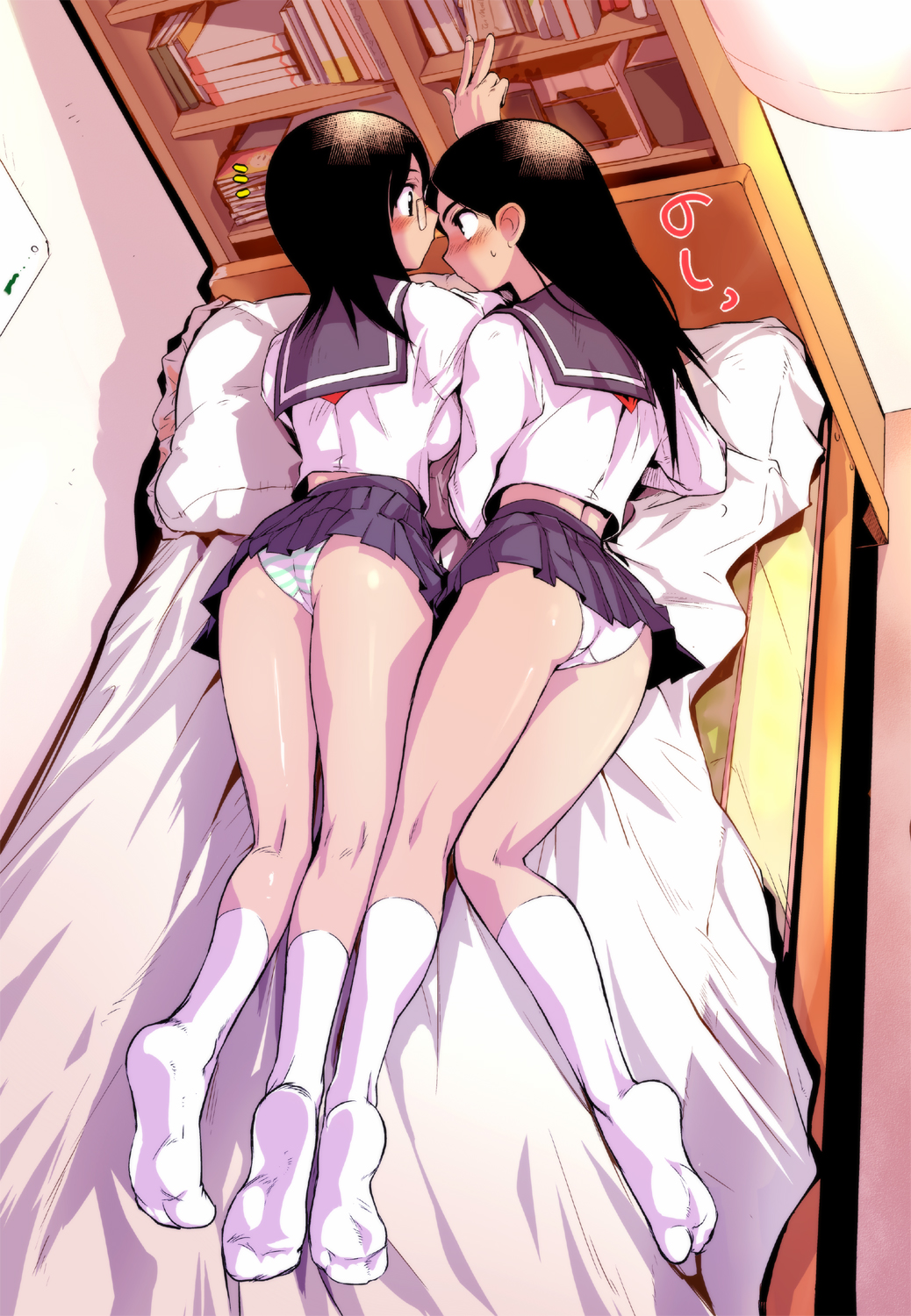 ez6, fujiyoshi harumi, kitsu chiri, sayonara zetsubou sensei, highres, 00s, 2girls, ass, black hair, blush, feet, glasses, kneepits, legs, long hair, long legs, lying, multiple girls, panties, pantyshot, school uniform, serafuku, socks, soles, striped clothes, striped panties, underwear, white panties, white socks, yuri