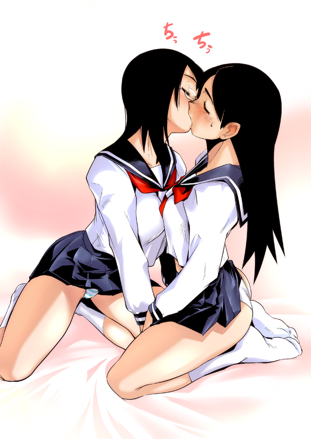 ez6, fujiyoshi harumi, kitsu chiri, sayonara zetsubou sensei, highres, reference work, 00s, 2girls, ass, bed sheet, black hair, blush, closed eyes, couple, feet, glasses, kiss, kneeling, long hair, multiple girls, panties, rimless eyewear, school uniform, serafuku, socks, striped clothes, striped panties, sweatdrop, underwear, white panties, white socks, yuri
